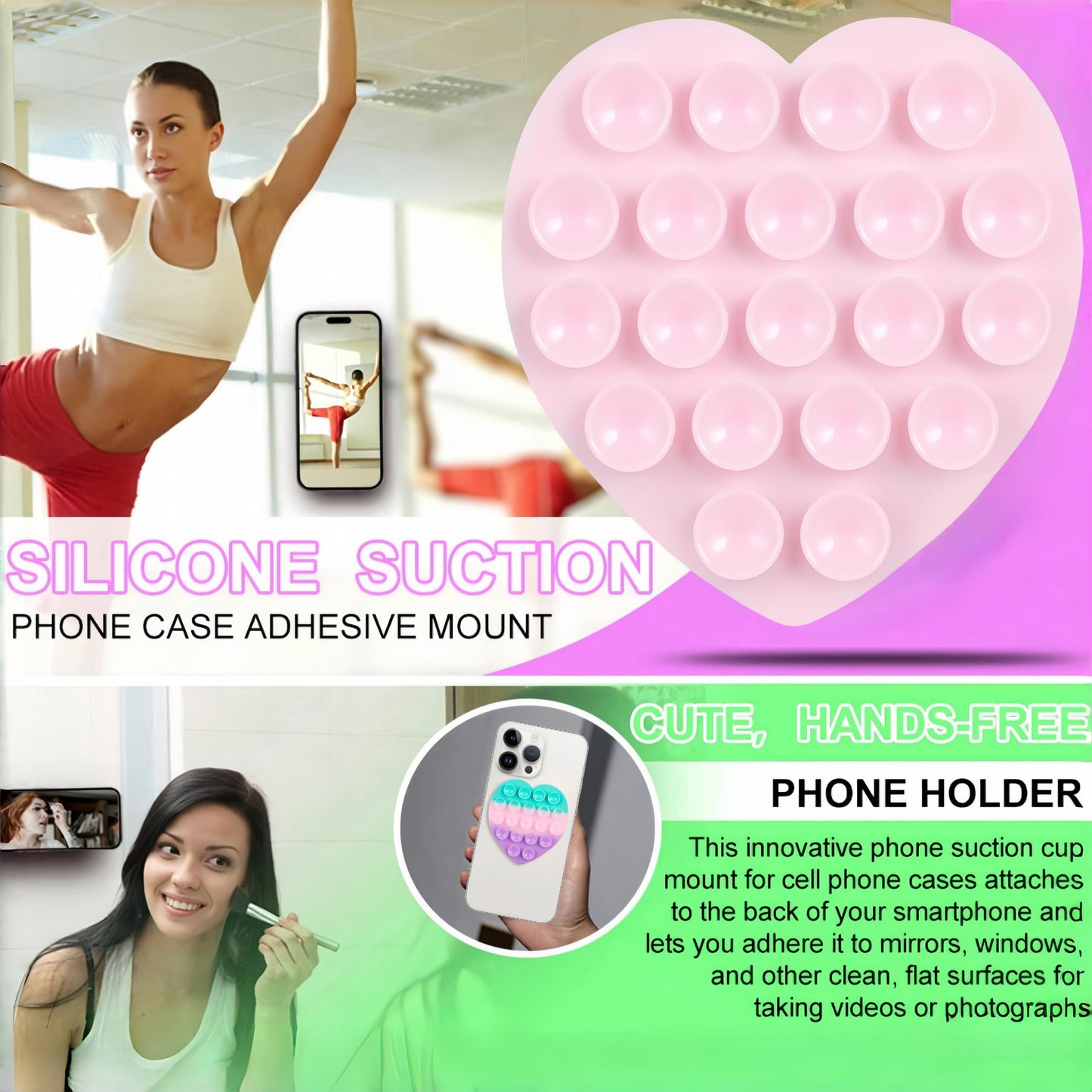 CIEO Silicone phone grip, strong suction, Heart-shaped phone holder,suitable for selfies and videos on mirrors, bathrooms and smooth surfaces