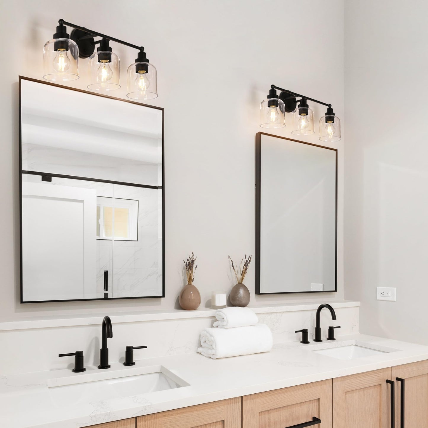 GEPOW Bathroom Wall Light Fixtures, 3-Light Black Vanity Light with Clear Glass Shade, Modern Farmhouse Wall Lamp Over Mirror for Hallway, Kitchen