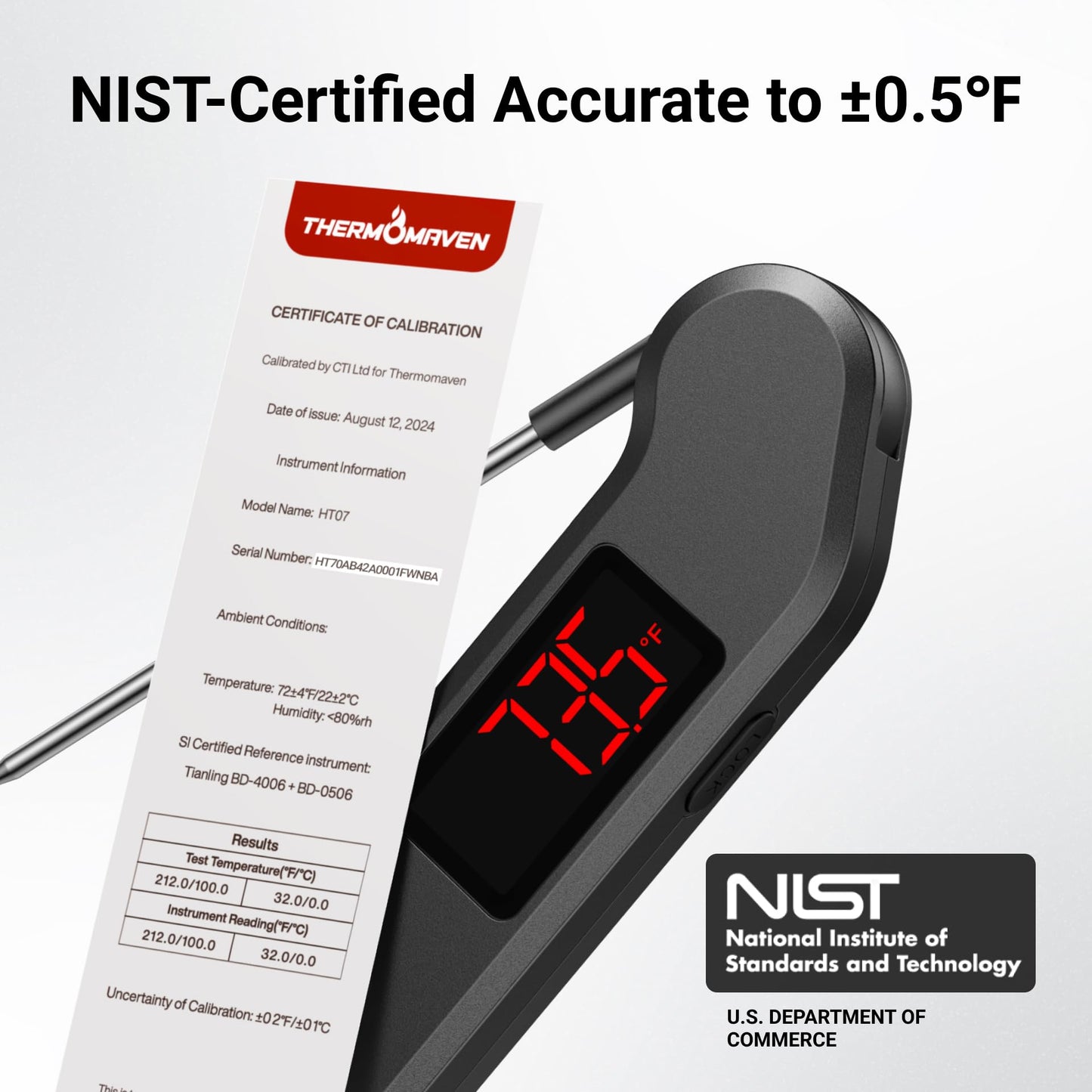 Professional Digital Meat Thermometer – 1-Second Instant Read, ±0.5°F Accuracy, Waterproof, LED Screen, NIST & NSF Certified, Black