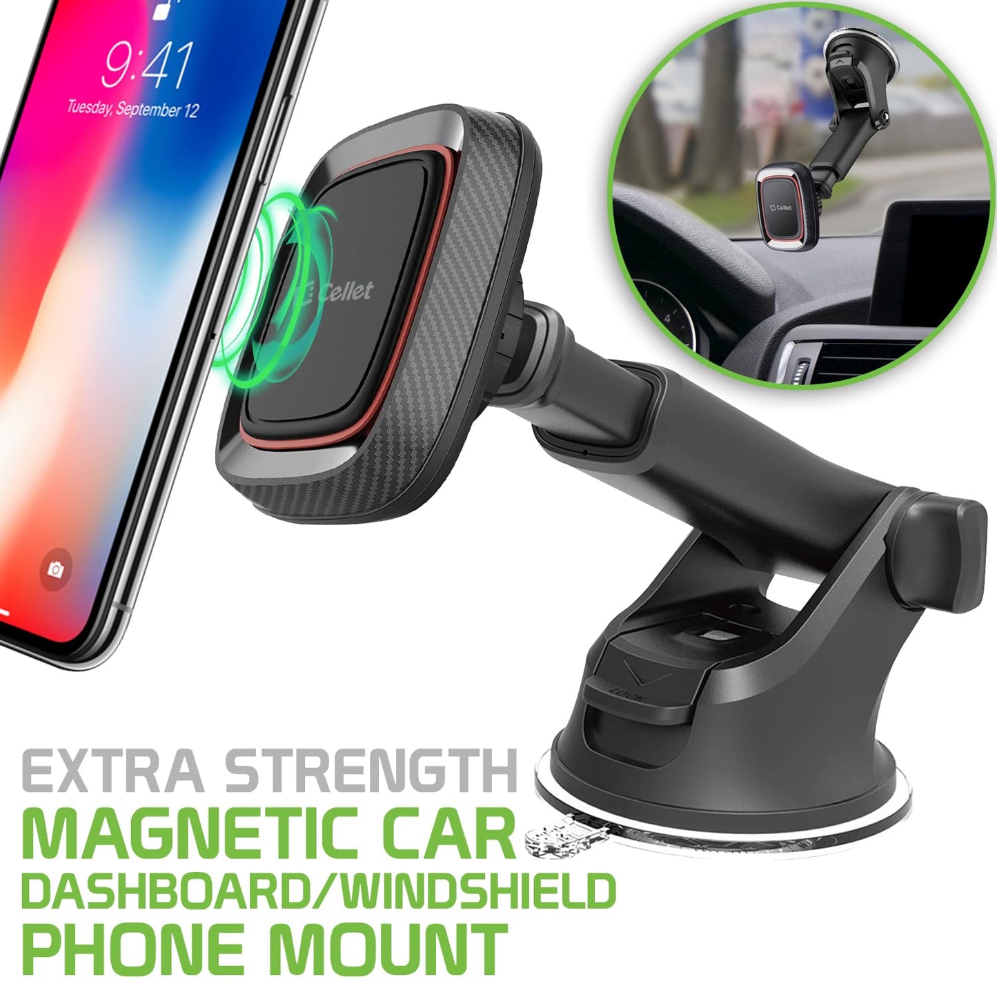 Cellet Magnetic Car Phone Mount, Dashboard & Windshield, Suction Cup Car Phone Holder, Telescopic Long-Arm Compatible with iPhone Samsung Galaxy