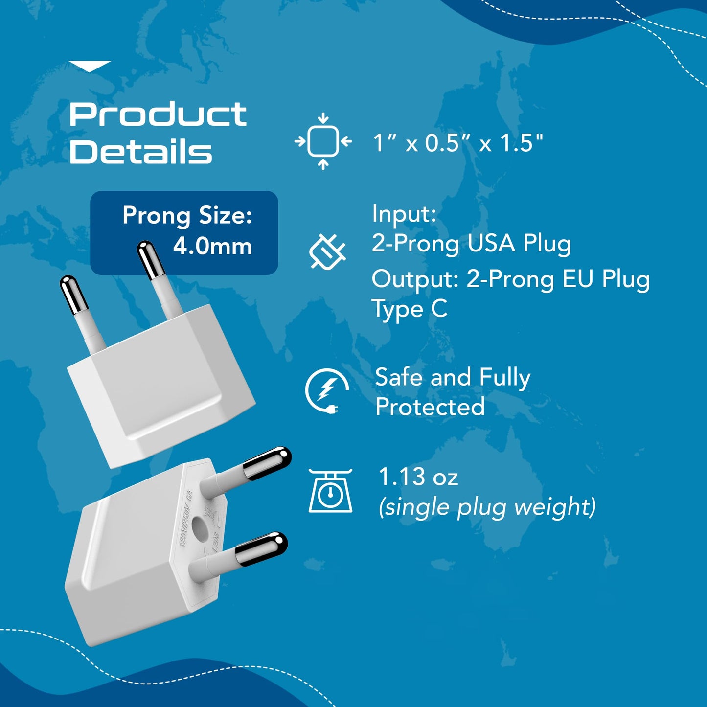 Ceptics European Travel Plug Adapter - Converts USA to EU, Asia and Italy Outlet - Type A to Type C converter - Use in Germany, Spain, & More - 6-Pack