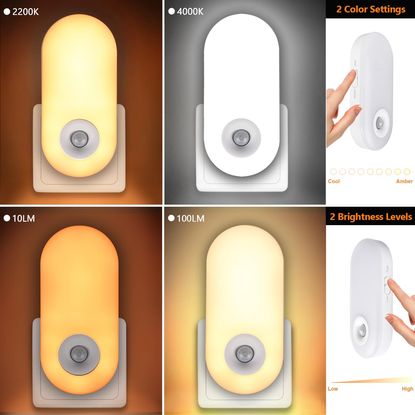 Dawnrise Night Lights Plug into wall, Motion Sensor Night Light Plug in Indoor, 38 LED Dimmable 100LM or 10LM and 2 Color Temperature Lights