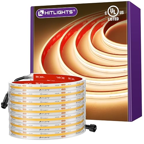 Outdoor COB LED Strip Lights Waterproof 2700K, 16.4ft IP67 24V Tape Light Warm White High Density, 2560 LEDs, 305 lm/ft, CRI 90+, Lighting
