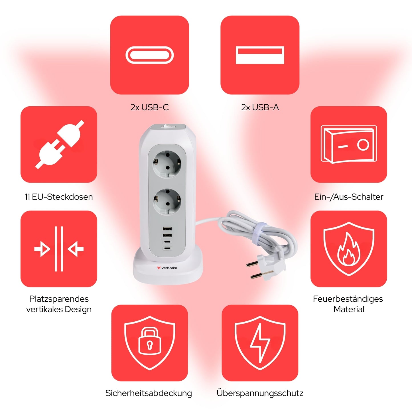 Verbatim EU Power Tower EUPT-01 11xAC / 2xUSB / 2xType-C, W128869199 (/ 2xUSB / 2xType-C)