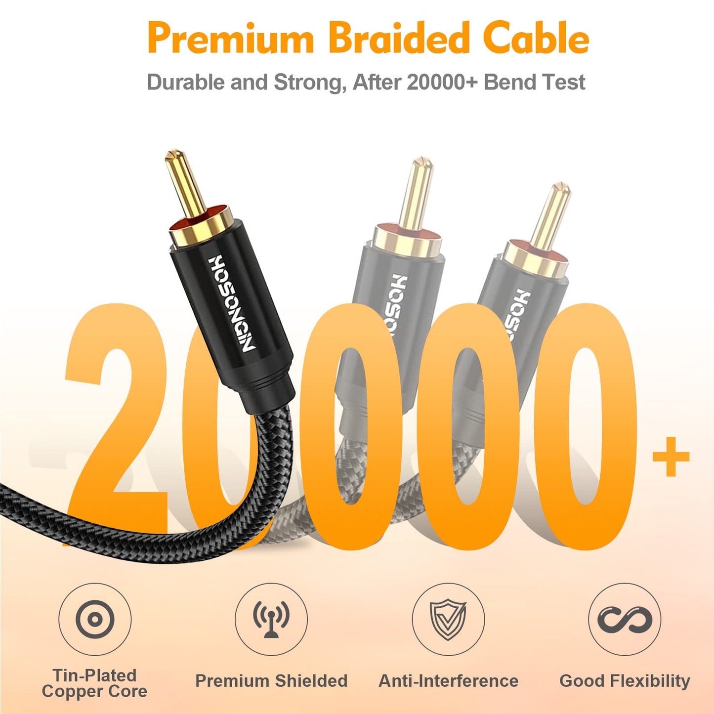 HOSONGIN RCA Y Splitter Cable, 3.3Ft, 2Pack, 1 Male to 2 Male Audio Cable, Gold-Plated, Noise-Free Durable Braided Design RCA Adapter for Subwoofers