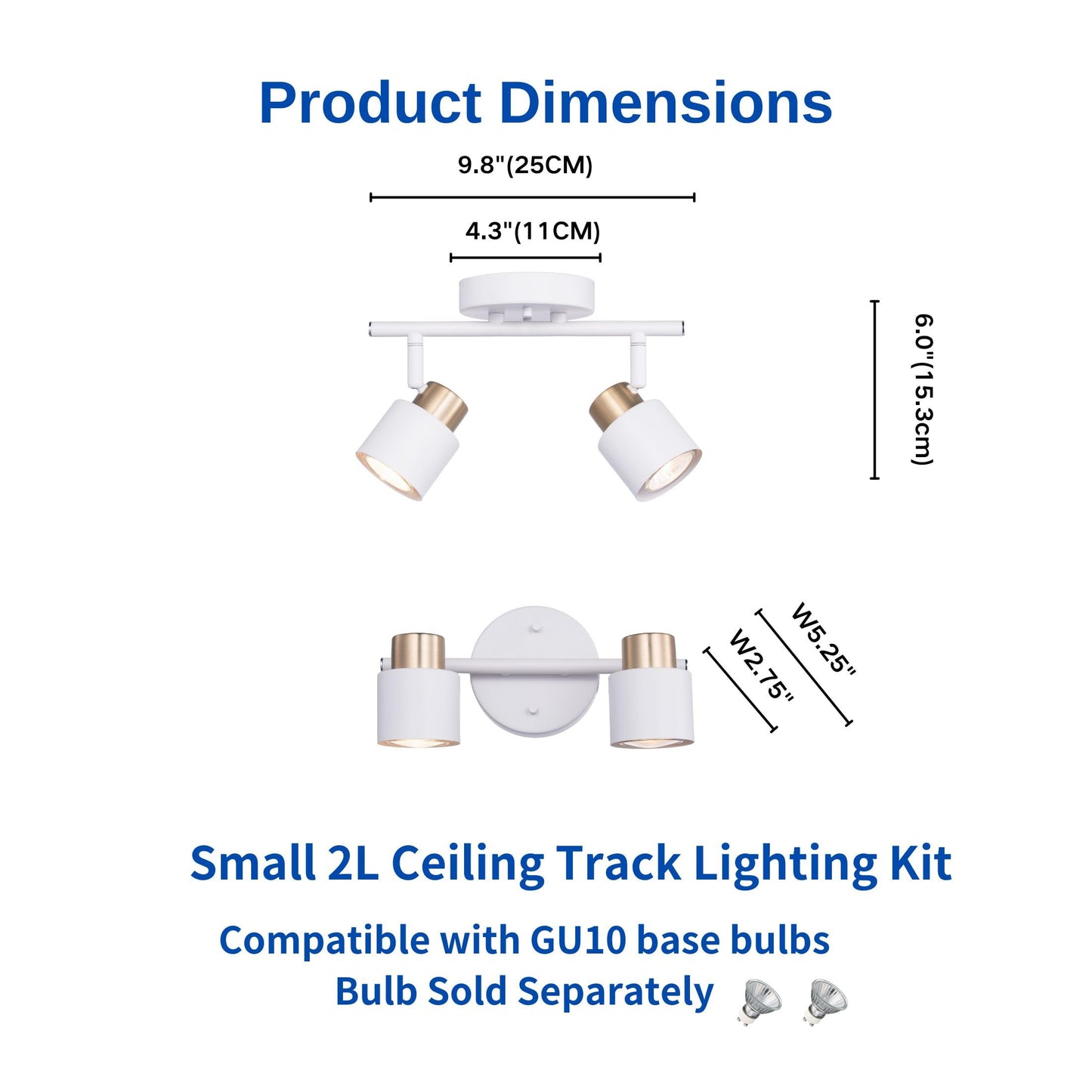 CRAFTRONOS 2 Light LED Modern Track Lighting Kit Matt White Brass Finish, Pivot Shade Multi-Directional Ceiling Spotlight Wall Sconces for Kitchen