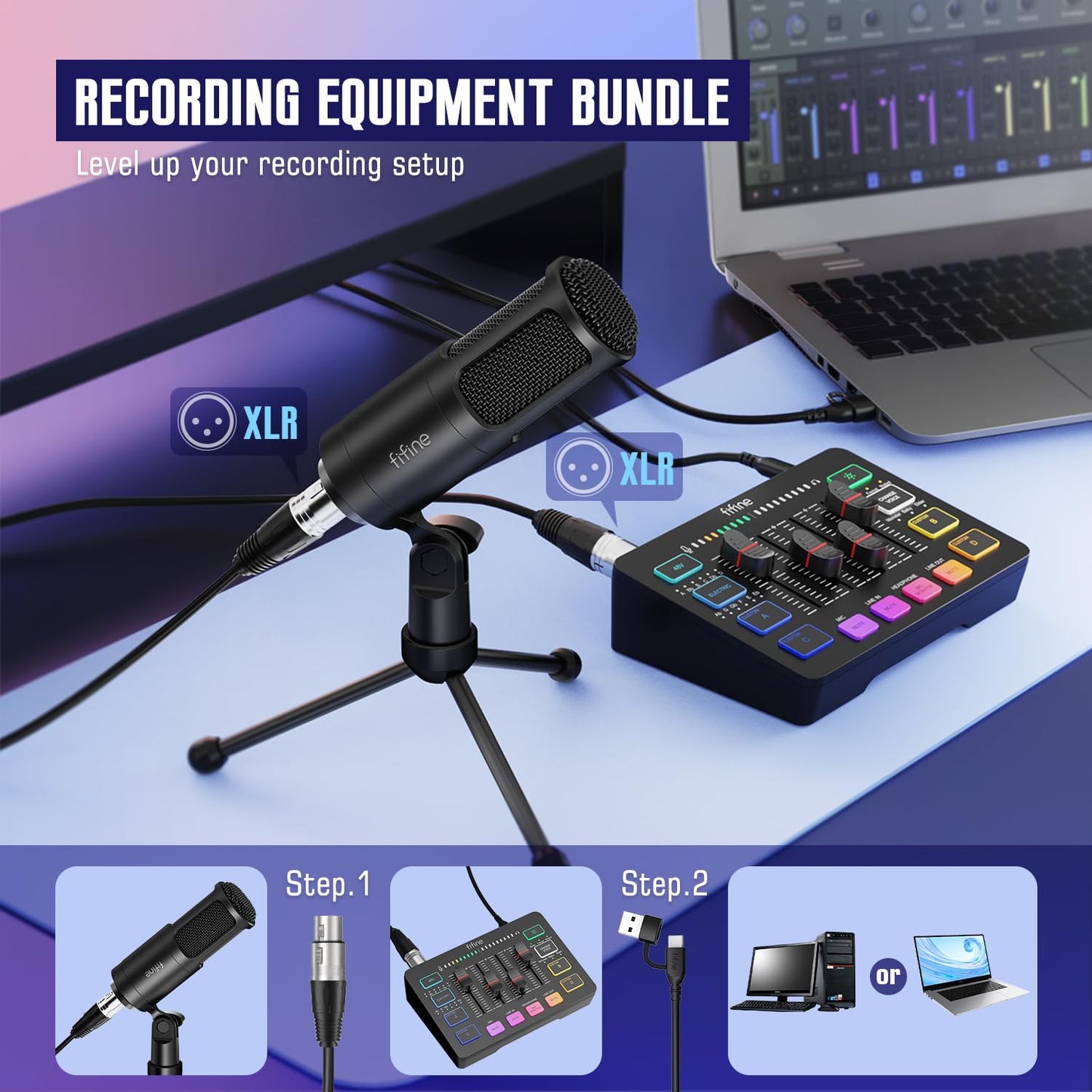 FIFINE Audio Equipment Bundle for Gaming Podcast, Streaming RGB Mixer Set with XLR Dynamic Vocal Microphone, Voice Recording Kit Set with Volume