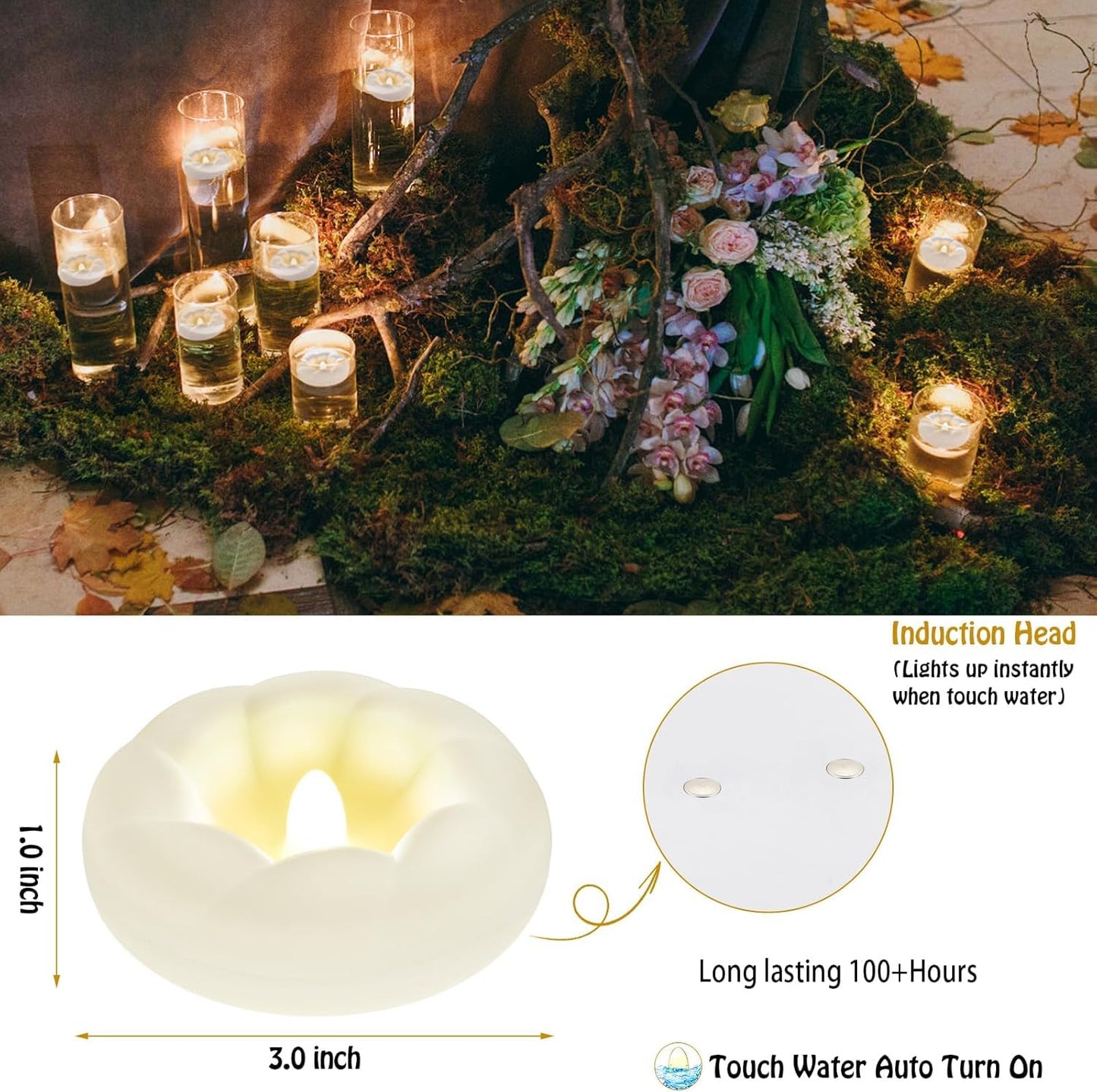 PUNPUBA 36pack Flameless Led Floating Candles, 3” Plastic Tealights Battery Operated Flickering 100+ Hour Waterproof for Cylinder Vases, Centerpieces