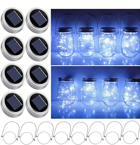 Solar Mason Jar Lid String Lights, 8 Pack 20 Led String Fairy Star Firefly Jar Lids Lights with 8 Hangers Included (Jars Not Included), for Mason Jar
