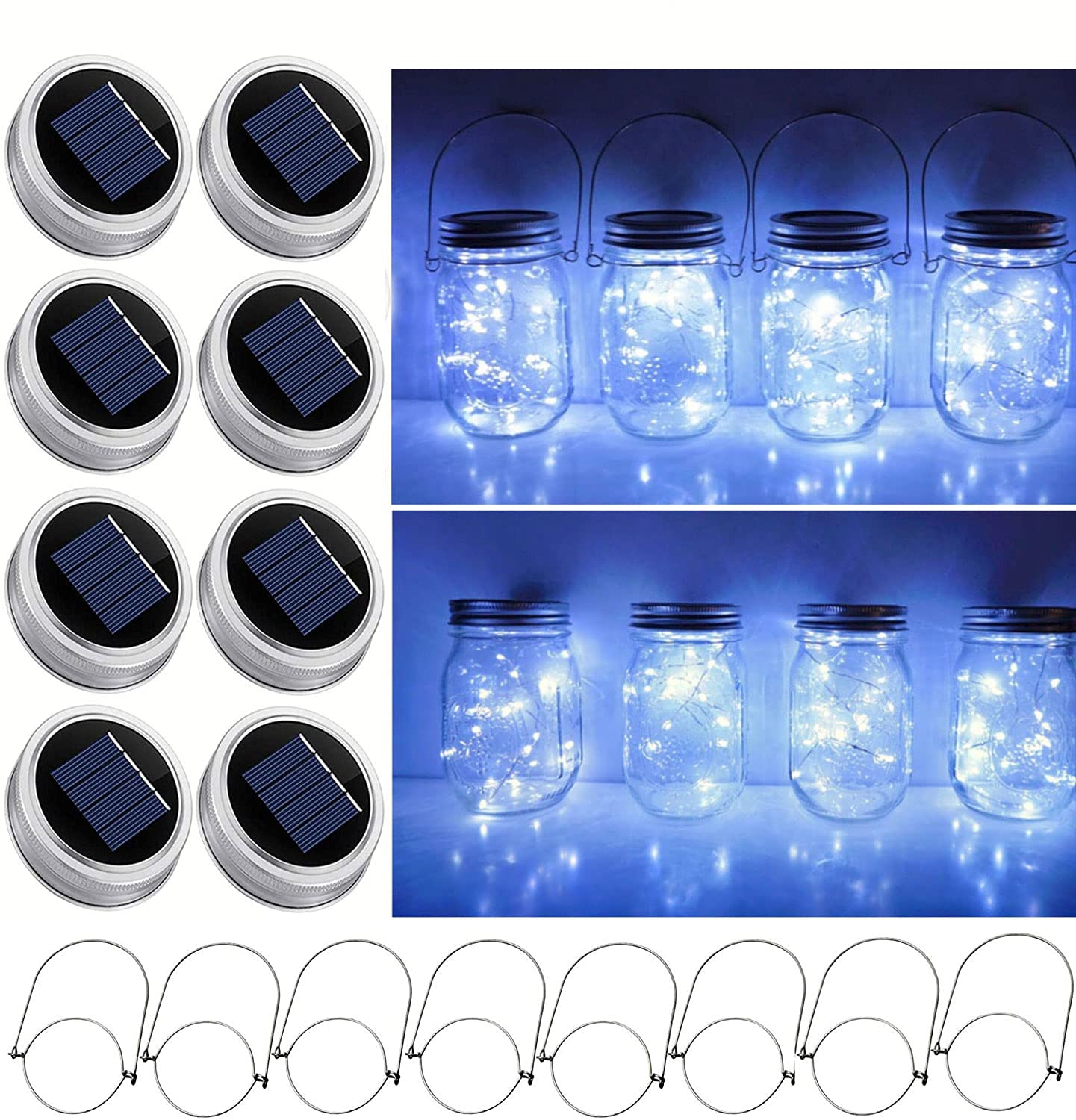 Solar Mason Jar Lid String Lights, 8 Pack 20 Led String Fairy Star Firefly Jar Lids Lights with 8 Hangers Included (Jars Not Included), for Mason Jar