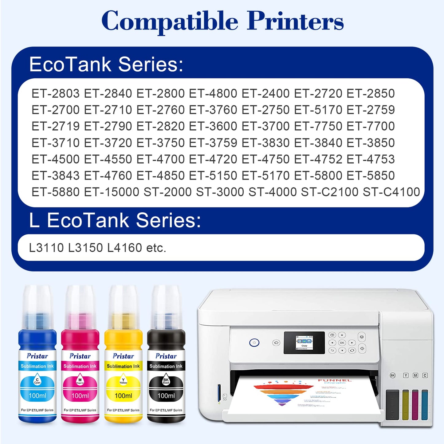 Pristar Sublimation Ink for EPS Ecotank ET 2803 ET-2800 ET-4800 ET-2850 2840 ET-2710 ET 2720 ET 2760 ET-15000 ET-3760 ET-2400 ET-2750 5170 400 ml