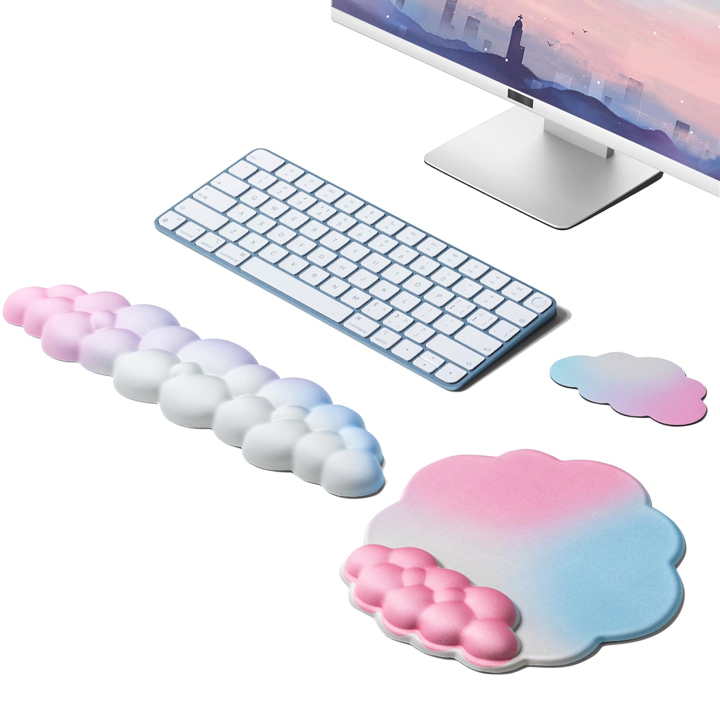OUEST Cloud Wrist Rest Keyboard and Mouse Pad with Cute Ergonomic Memory Foam Non-Slip PU Base for Computer Mac Laptop Office Gaming-Orange/Blue/Pink