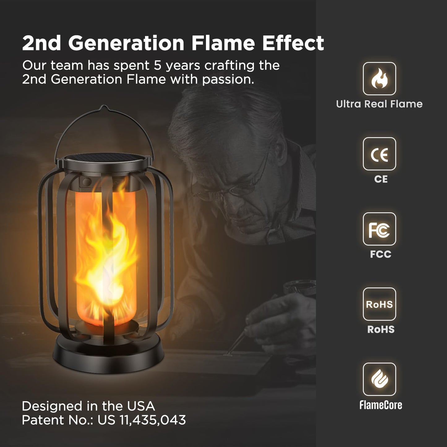 Hompavo Gen2 Solar Lanterns Outdoor Lights with Ultra-Real Flame, 2 Charging (USB/Solar) & 4 Modes - Waterproof Decorative Hanging/Table Lights
