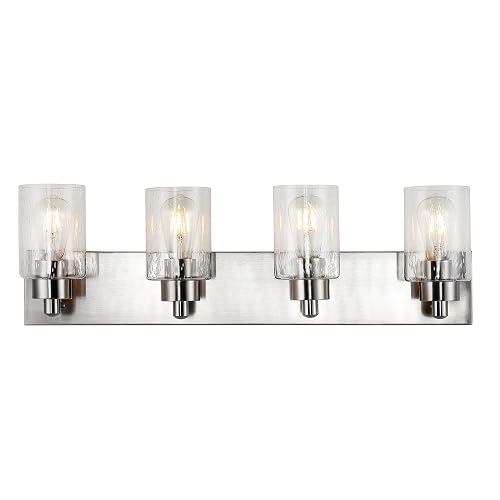 JONATHAN Y 27.75" Nickel 4-Light Modern LED Vanity Light for Bathroom Mirror, Mid-Century Wall Sconce with Clear Seeded Glass Shades, Contemporary