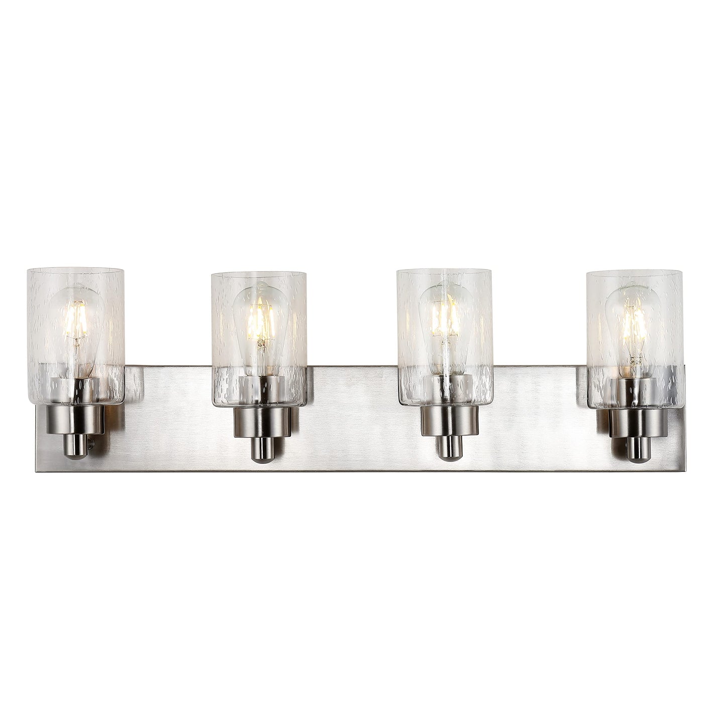 JONATHAN Y 27.75" Nickel 4-Light Modern LED Vanity Light for Bathroom Mirror, Mid-Century Wall Sconce with Clear Seeded Glass Shades, Contemporary