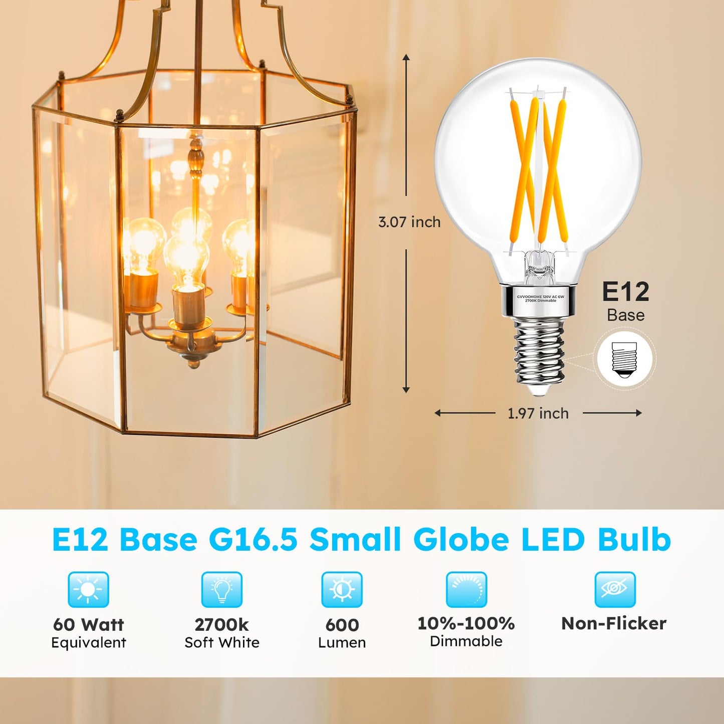 G16.5 E12 Globe LED Bulb, 2700K Warm White Dimmable, 60W Equivalent