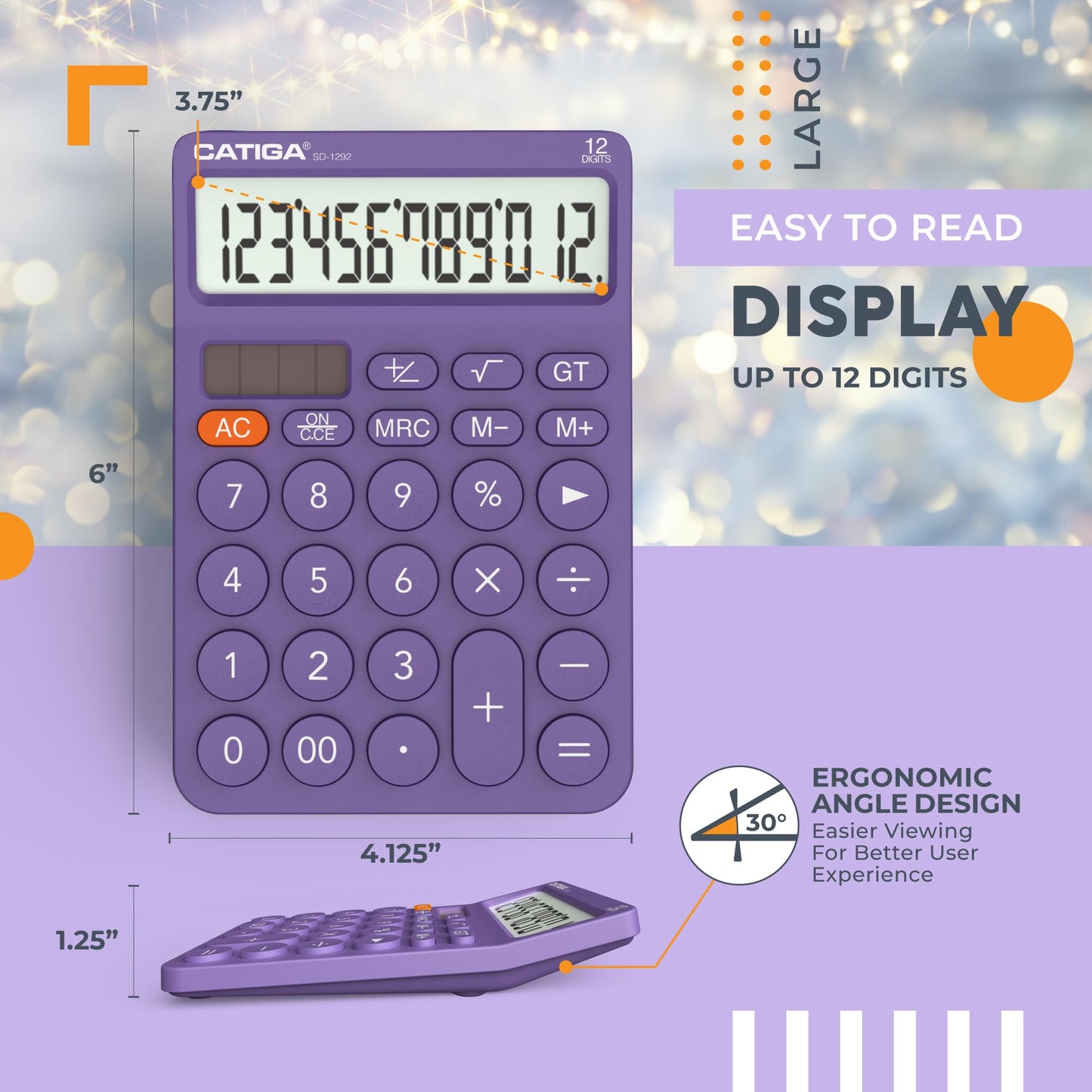CATIGA 12 Digit Desktop Calculator Basic Desk Calculator with Large LCD Display, Big Buttons, 4 Function, Solar and Battery Dual Power, for Office