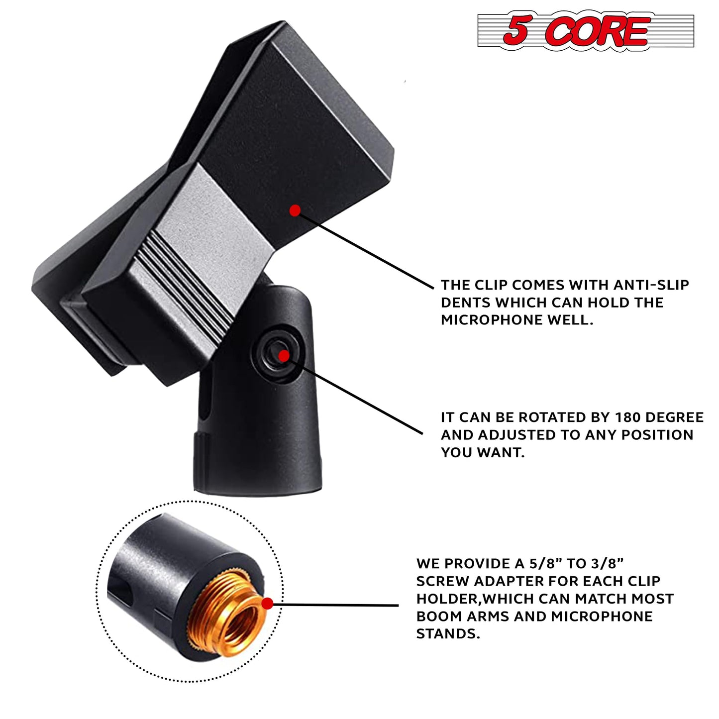 5 Core Microphone Mic Clip Holder for Mic Stand 5Pcs Universal Adjustable with 5/8" Male to 3/8" Female Screw Adapter Suitabl - MC 04 5PCS