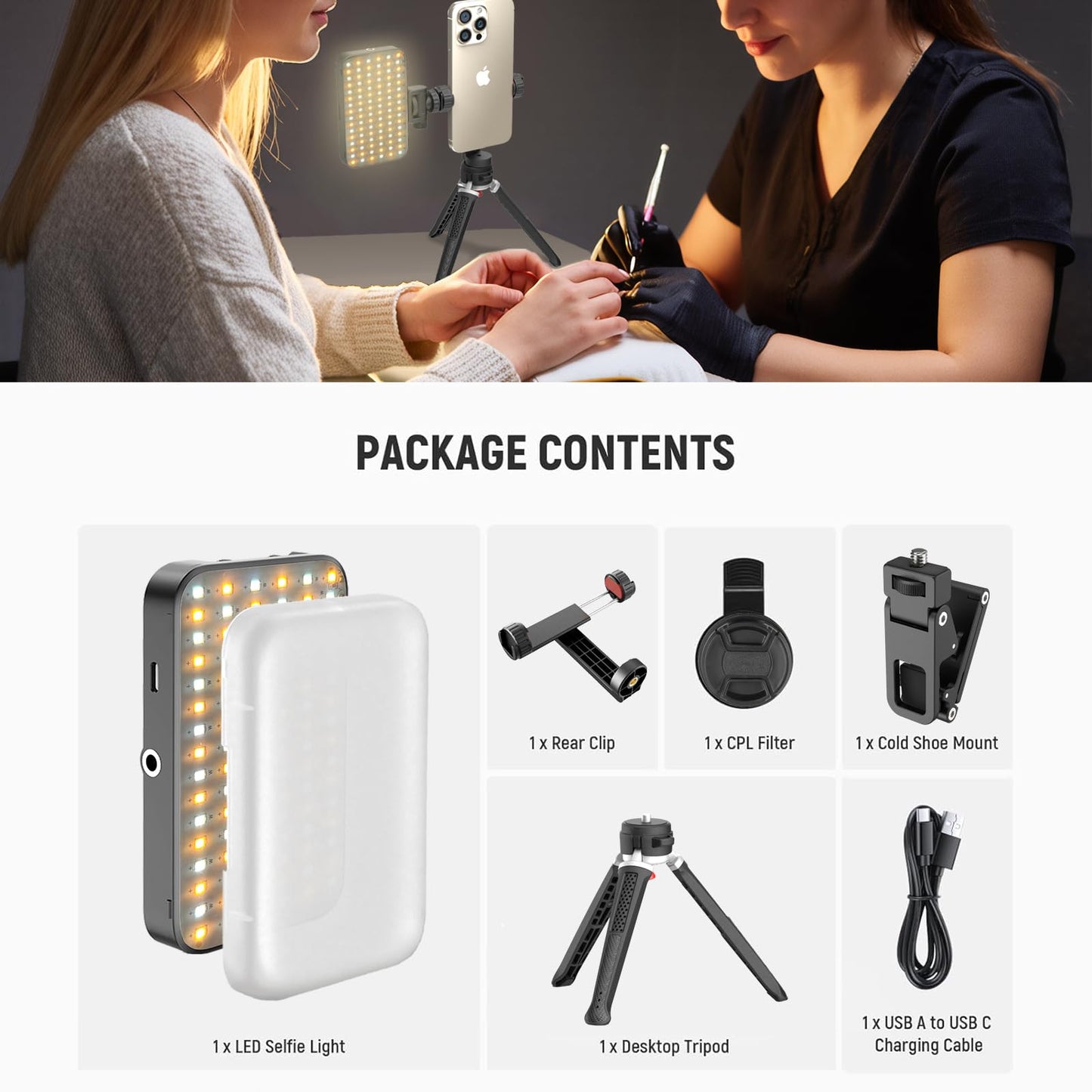 LED Selfie & Tattoo Light with 52MM CPL Filter Lens 360° Rotatable Clip Tattoo Equipment/Tripod Stand/Phone Holder,Fill Lighting Remove Reflection