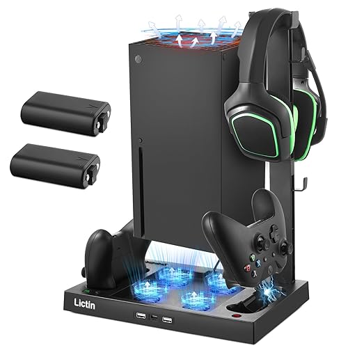 Lictin Cooling Fan Charging Station for Xbox Series X Console & Controller, Upgraded 4 Cooler Fan System Stand, Vertical Dual Charger Station Dock