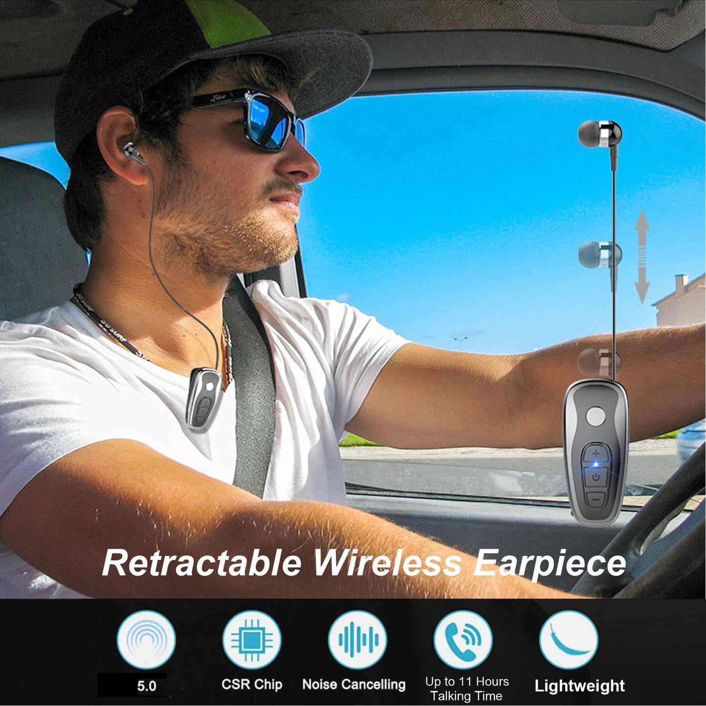 Retractable Wireless Headphone Headset Stereo Earphone lightweight V5.0 Noise Cancelling Mic Clip on Earpiece workout Sports running Business Trucker