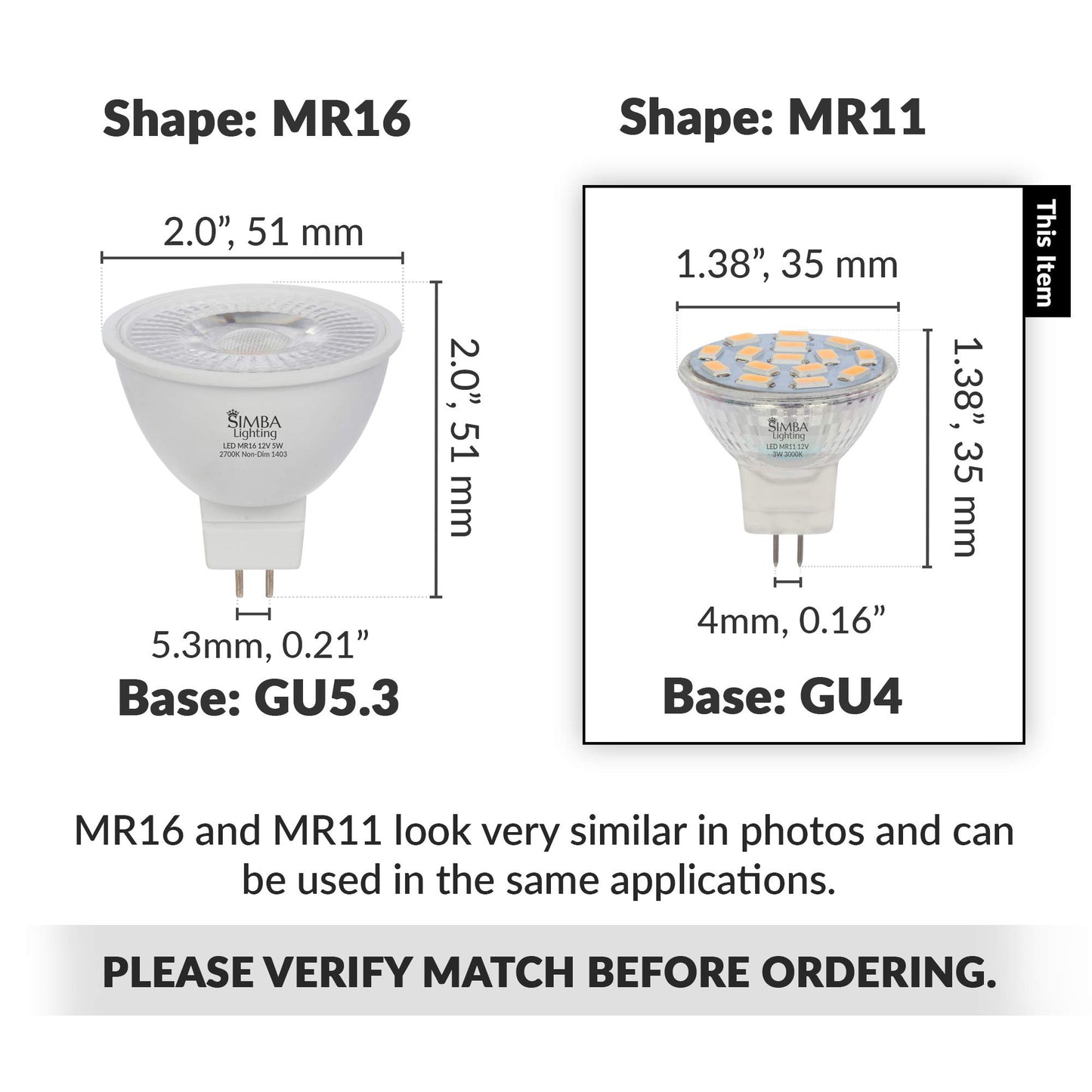 Simba Lighting LED MR11 3W Flood Light Bulb GU4 Bi-Pin Base, 3000K, 10 Pack