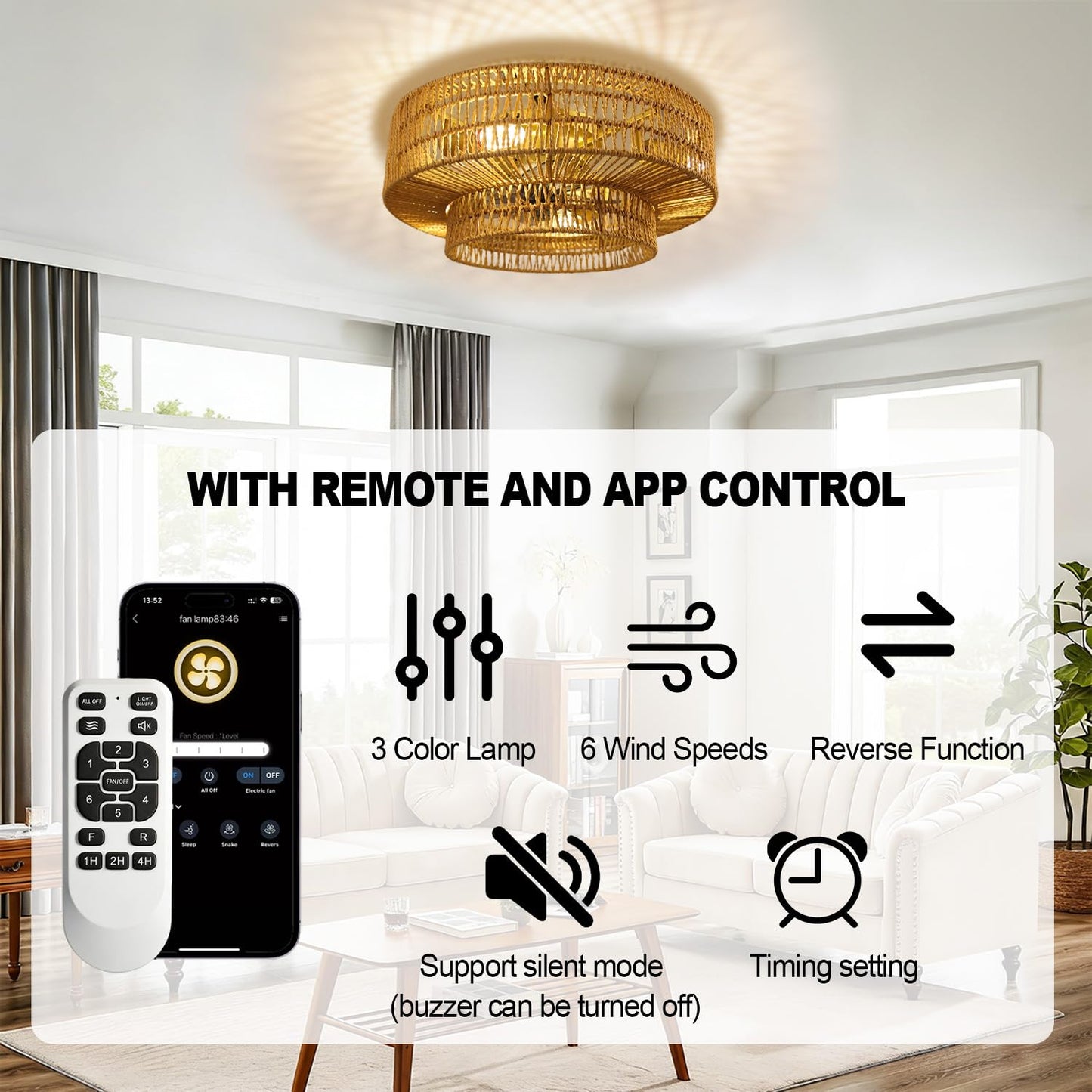 WUTGHUI Boho Ceiling Fan with Light and Remote,Rattan Fandelier Ceiling Fan with Light with 3 Mode Lighting and E26 Bulbs for Bedroom, Nursery, Garage