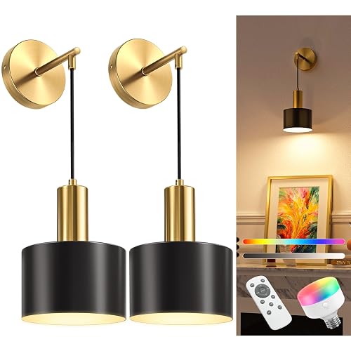 NIORSUN Battery Operated Wall Sconce Set of 2, Gold & Black Wireless Rechargeable Wall Lights with 5200mAh Dimmable Detachable Bulbs and Remote, 9