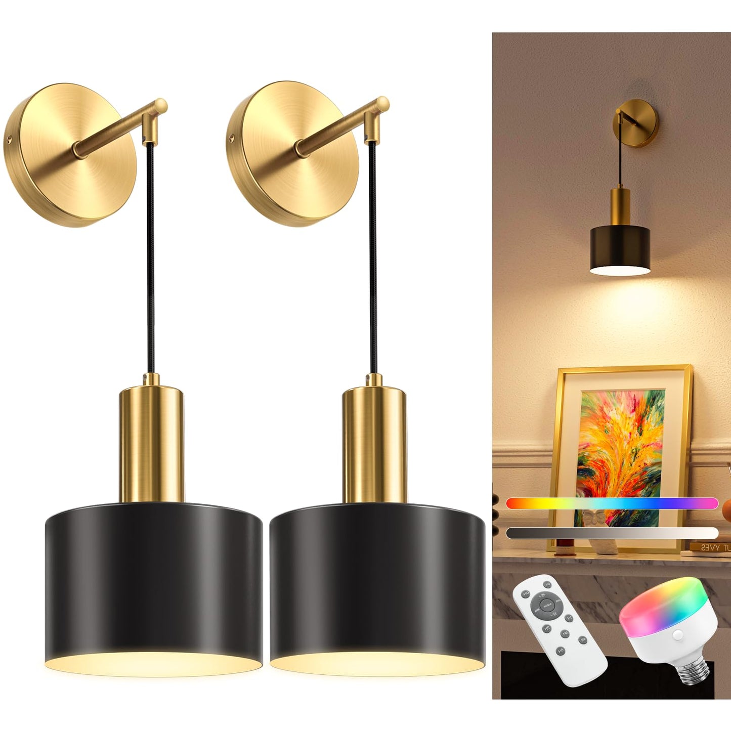 NIORSUN Battery Operated Wall Sconce Set of 2, Gold & Black Wireless Rechargeable Wall Lights with 5200mAh Dimmable Detachable Bulbs and Remote, 9