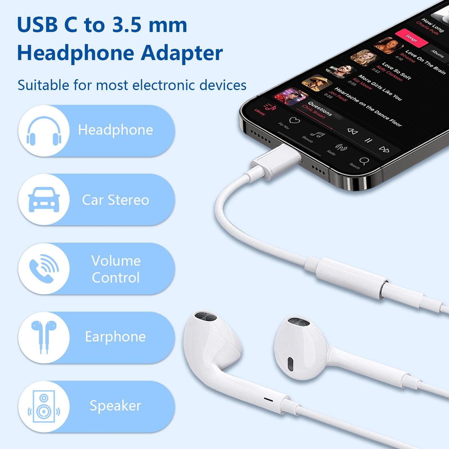 5 Pack USB C to 3.5mm Headphone Jack Adapter Type C Audio Aux Cable Dongle Compatible with iPhone 16/15/15 Plus/15 Pro/15 Pro Max/iPad/Pixel, Samsung