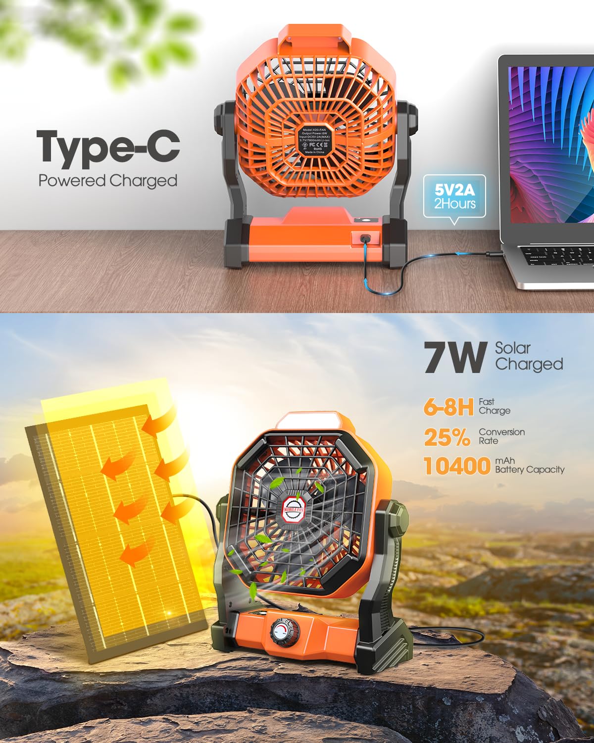 Solar Powered Fan, Camping Fan with LED Lantern 10400mAh, 7W 9-Inch Outdoor Battery Operated Fans with Solar Panel, Stepless Speed and Quiet Battery