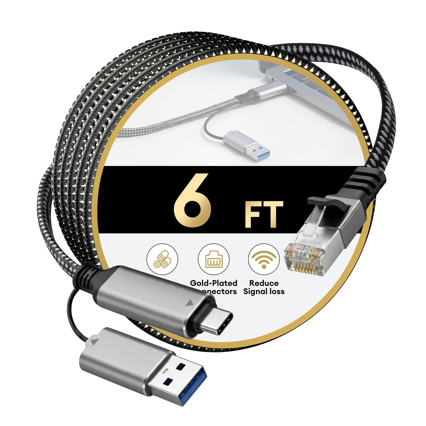 Molltto USB 3.0 to Ethernet Adapter Cable 6FT, USB C & USB A 2 in 1