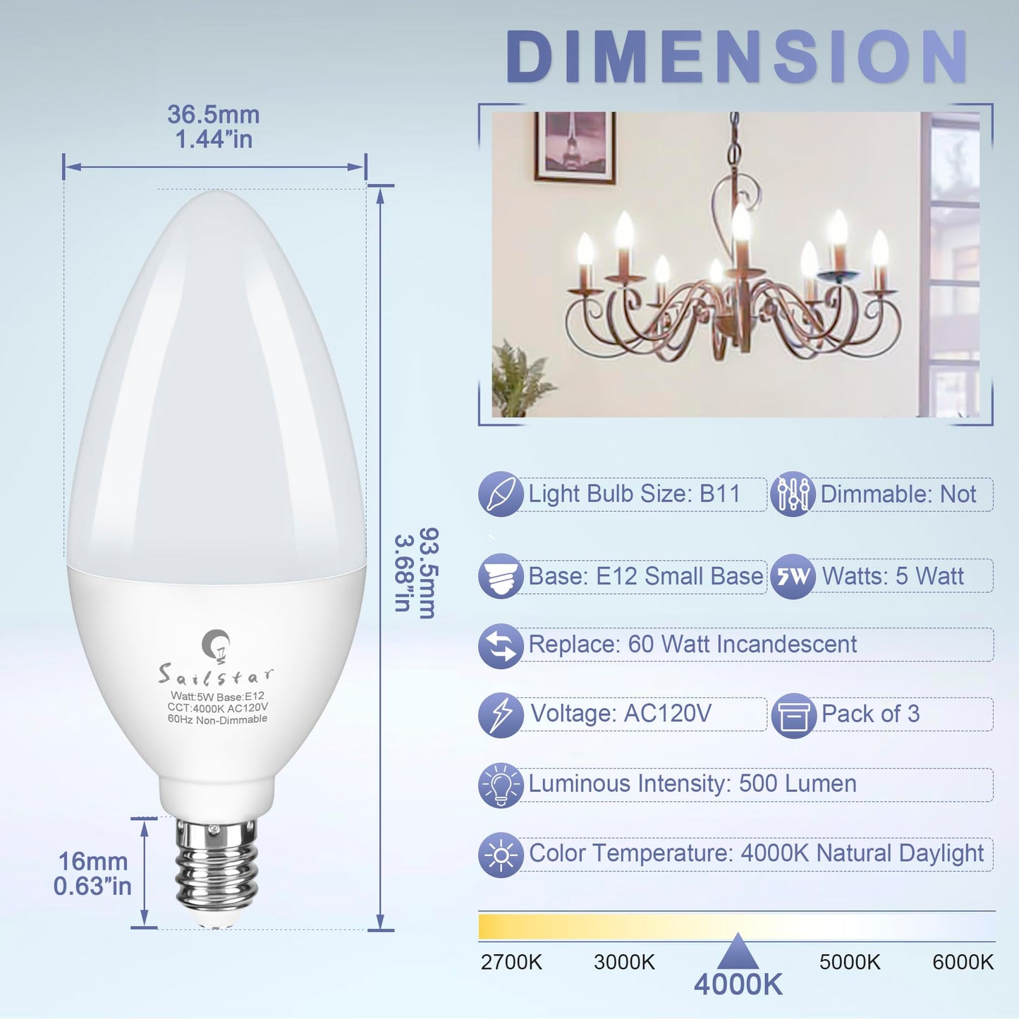 Sailstar Candelabra Light Bulbs 60 Watt Equivalent, 4000K Natural Daylight, 5W E12 Small Base Type B LED Bulbs, 500 Lumens, Chandelier Ceiling Fan