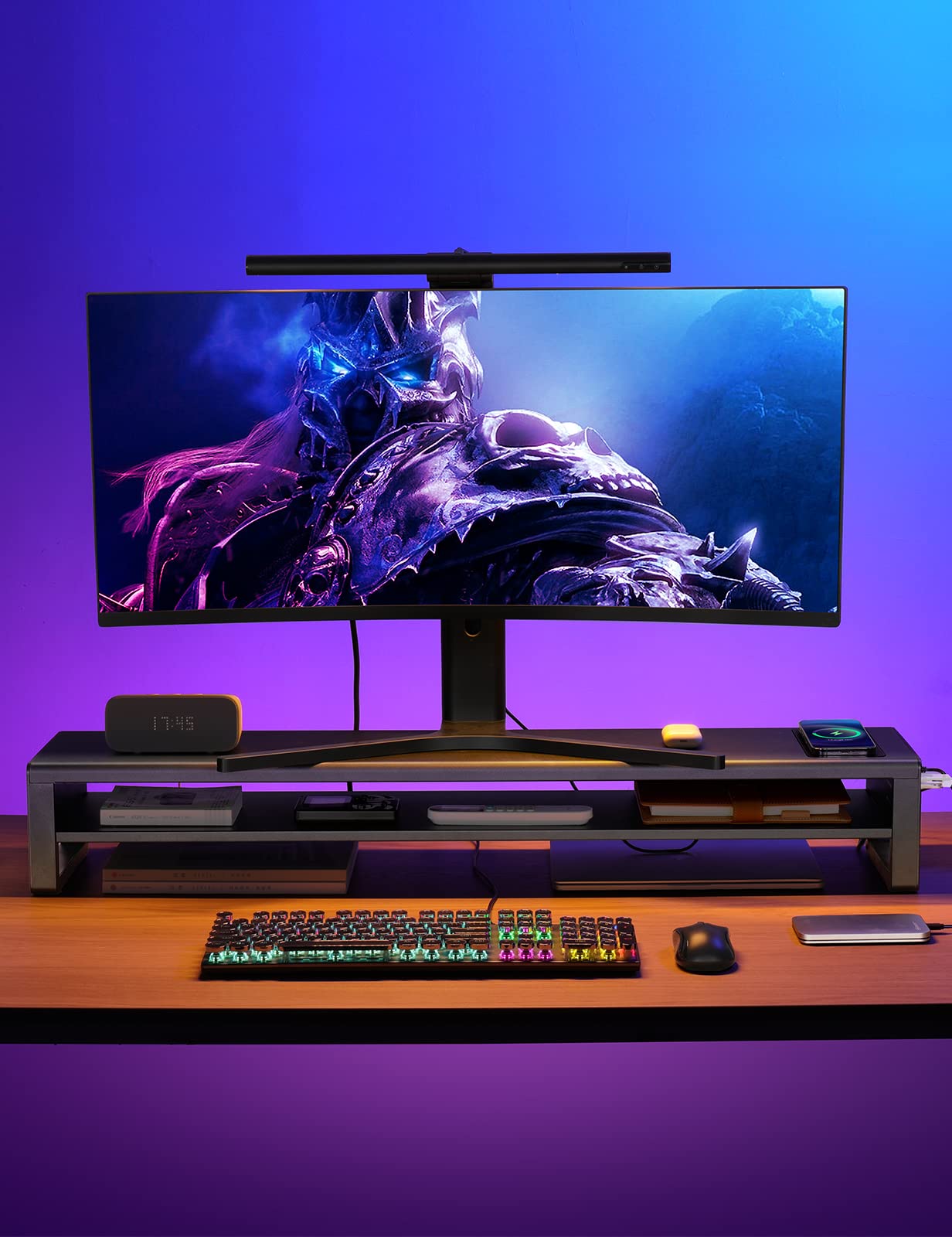 2 Tiers Dual Monitor Stand with Auto Charging Pad, 4 USB 3.0 Hub Ports, Double Monitor Riser, Metal Desk Stand with Storage, Long Screen Raiser for 2