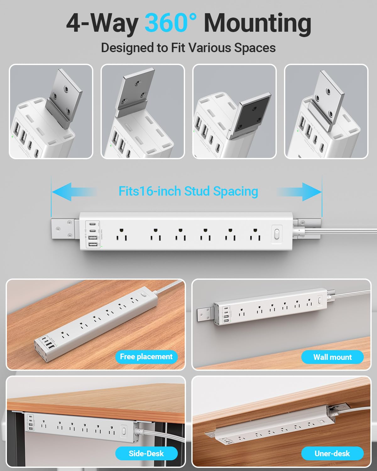 360° Mountable Surge Protector Power Strip with 4 USB Ports (2 USB C), 6 FT Electrical Outlet & Flat Plug Extension Cord for Under Desk, Wall, or