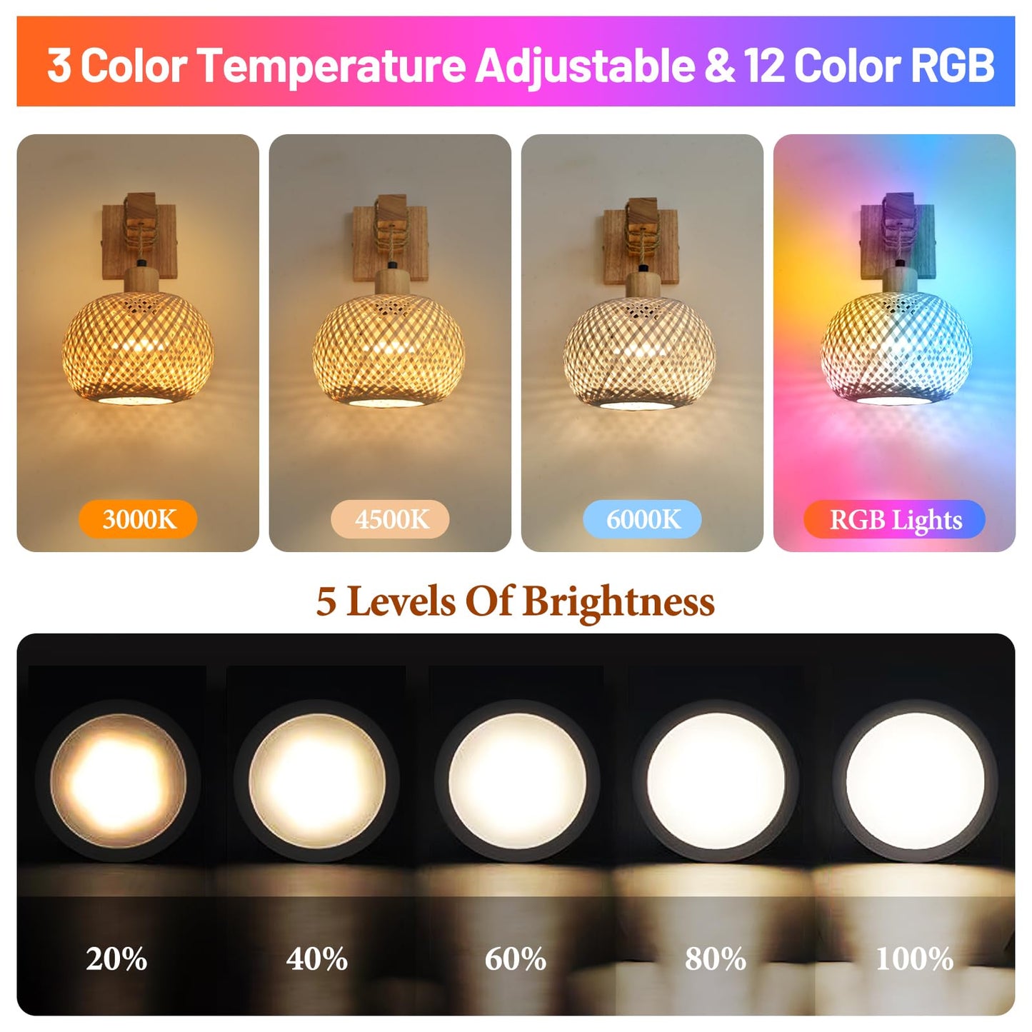 NOVCAND Diameter 7in Boho Battery Operated Wall Sconce Set of Two, Bamboo Cordless Wall Lamp with Remote,Wireless Sconces Set of 2 for Bedroom,Living