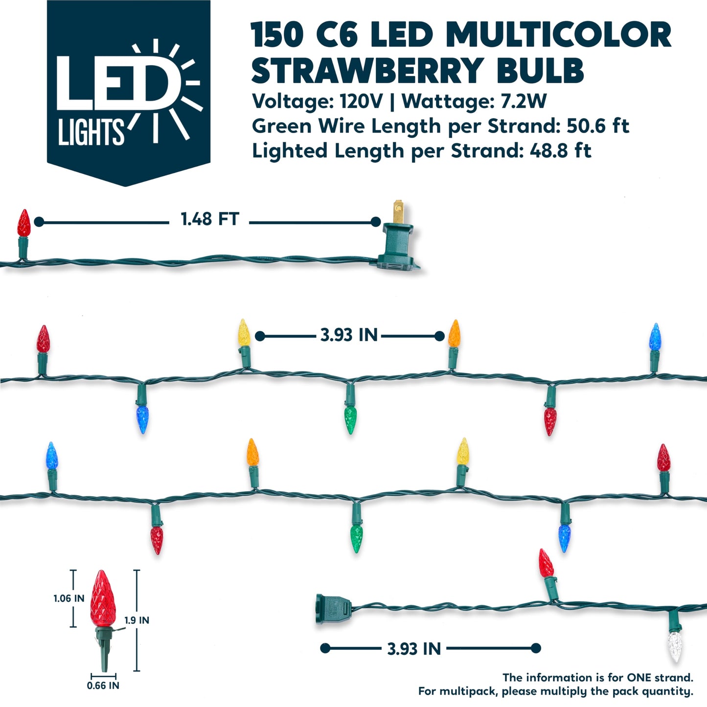 Joiedomi C6 LED Christmas String Lights,150 Count Strawberry Christmas Trees Lights, 50.6FT Connectable Multicolor for Indoor Outdoor Holiday Party