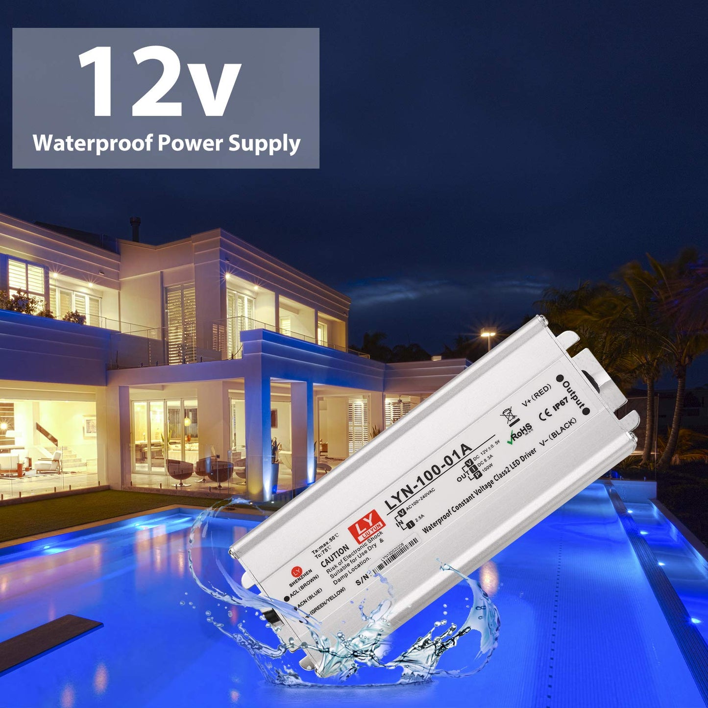 LED Driver 100 Watts 110V AC to 12V DC Low Voltage Output, IP67 Waterproof Power Low Voltage Transformer Adapter with 3 pin Plug LED Cable for LED