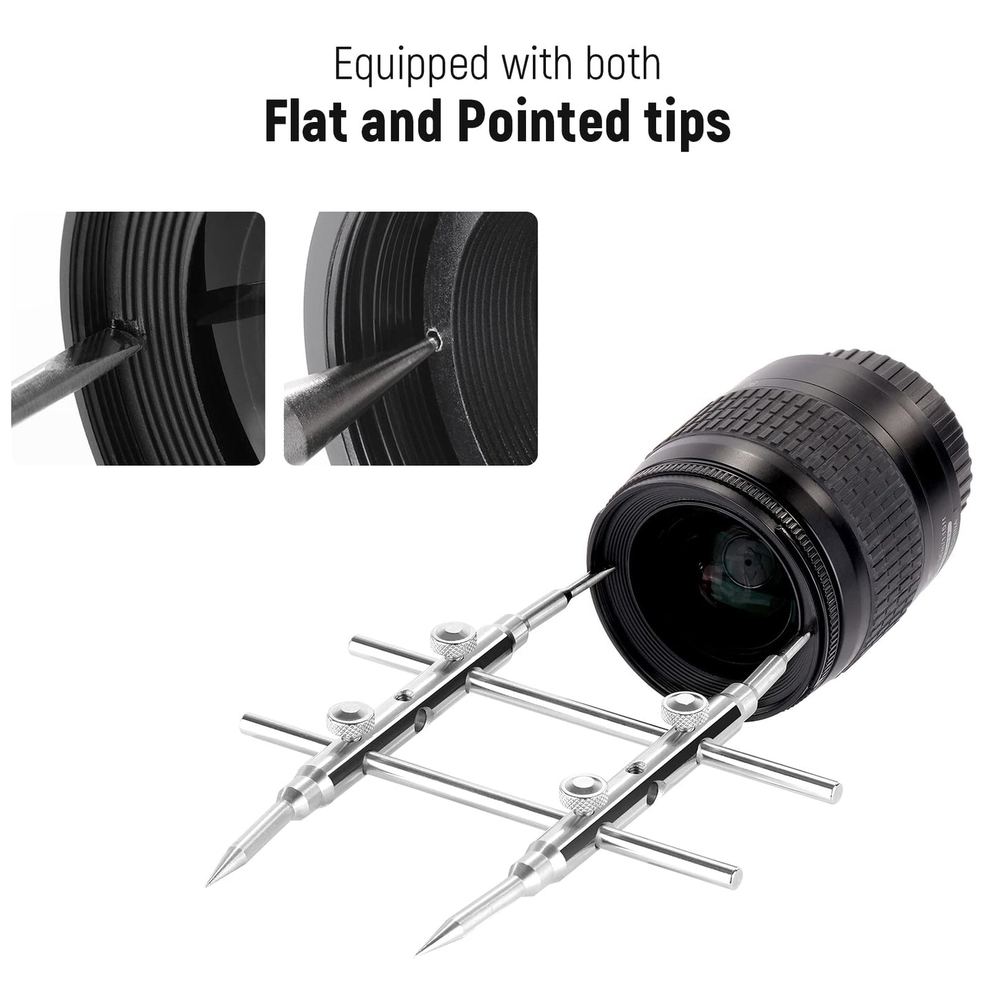 NEEWER Stainless Steel Lens Spanner Wrench, Professional Curved Double Sided Pointy/Flat Tips Lens Removal Tool with Four Screws, Lens Repairing