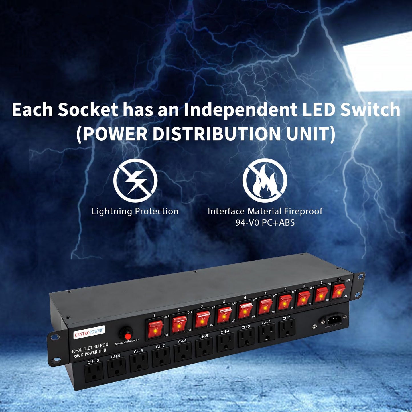 1U PDU Horizontal Rack Mount Power Strip - Surge Protector 10 NEMA 5-15R Outlet 100V-240V/15A 1800 Joules, 10 Independent LED Switches, w/6ft Cord