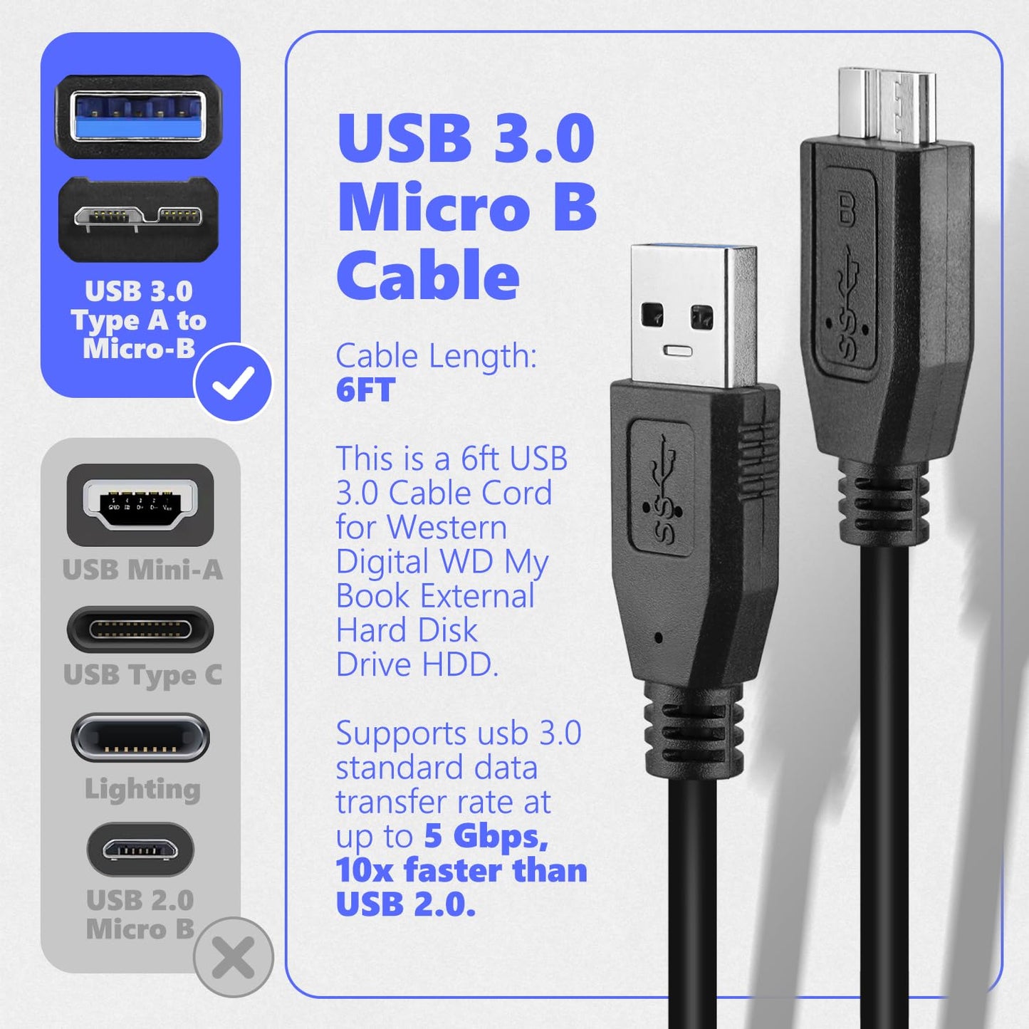 MaxLLTo 6Feet USB 3.0 Data Cable Cord for Western Digital WD My Book External Hard Drive