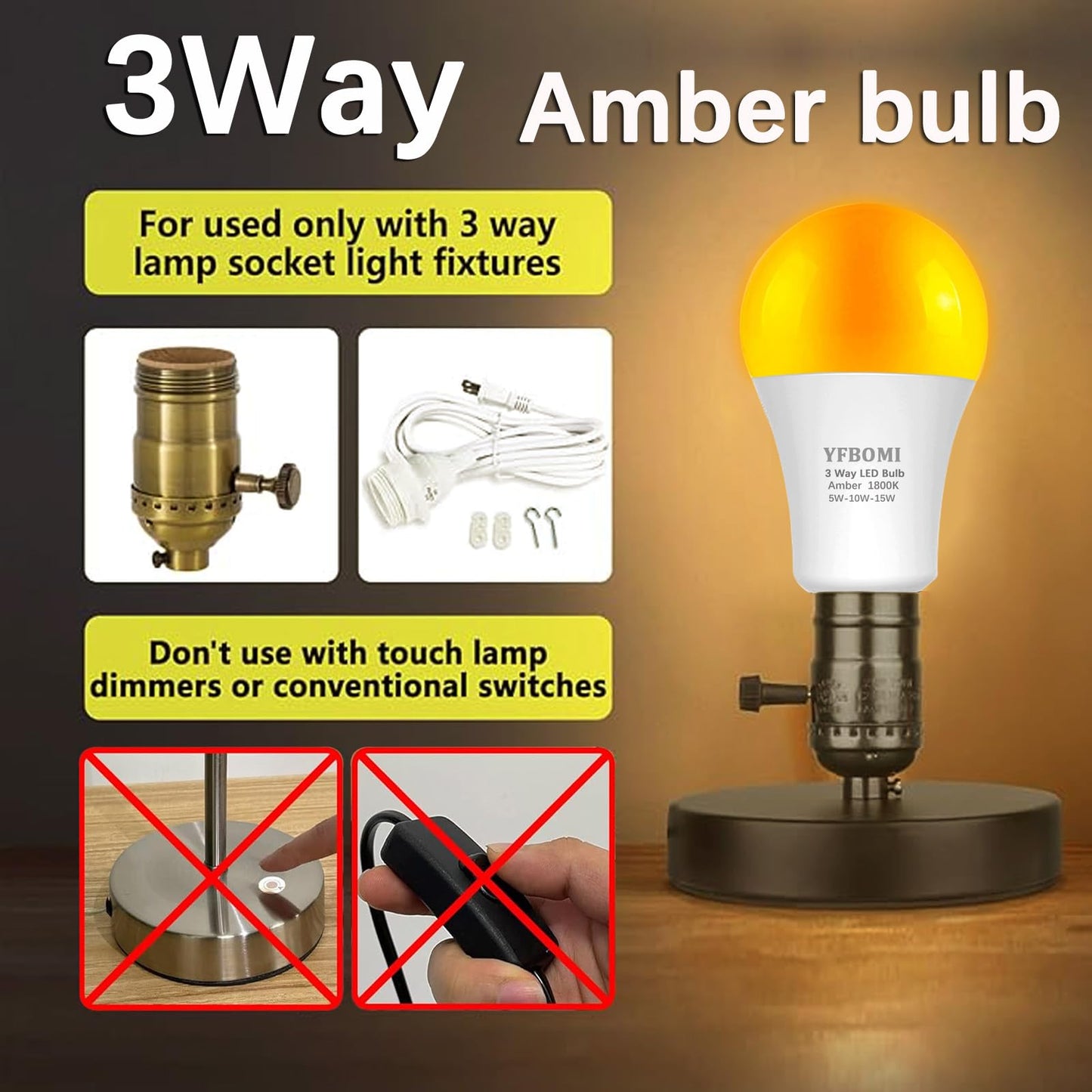 YFBOMI 3 Way Amber LED Bulbs 40W, 100W, 150W Equivalent 1800K Light Bulbs, E26 A19 3 Way Bulbs 5W/10W/15W,for Sleeping, Reading, Desk Lamps, and Floor
