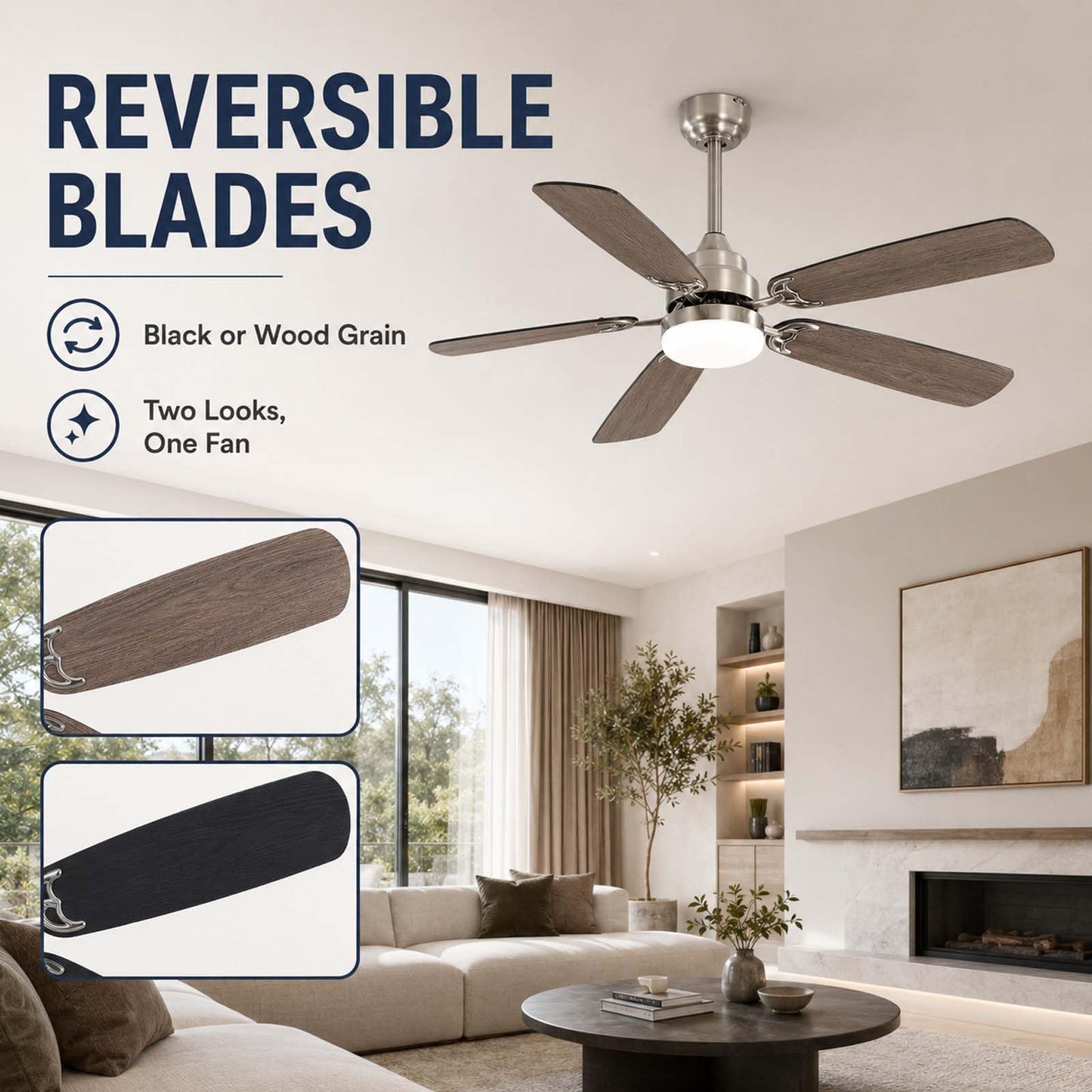 HRVEOCEI 52 Inch Modern Ceiling Fans With Lights for Bedroom, Flush Mount/Low Profile Fan Ceiling with Remote Control, 5 Blades Reversible for Living