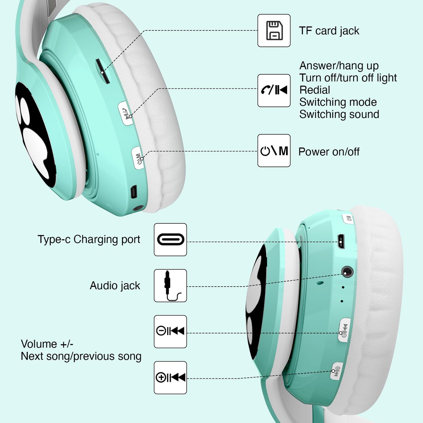 KERHAND Cat Ear Bluetooth Kids Headphones, LED Lights, Foldable, Green