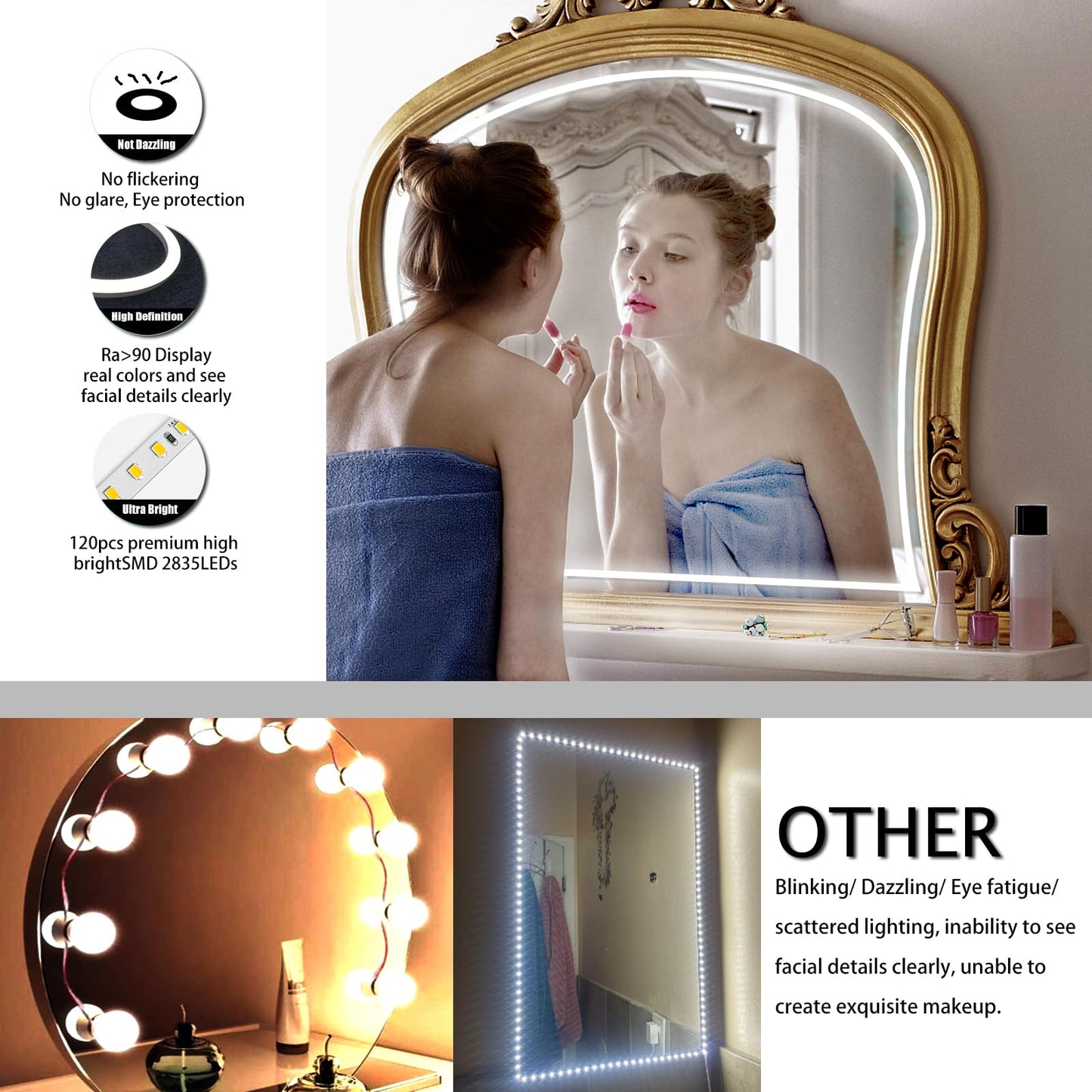 Blikshin LED Vanity Mirror Lights, Hollywood Style Makeup Lighting, 10FT/6000K/Dimmable/12V Adapter/Self-Adhesive Strip Lights for Mirror, Lighting