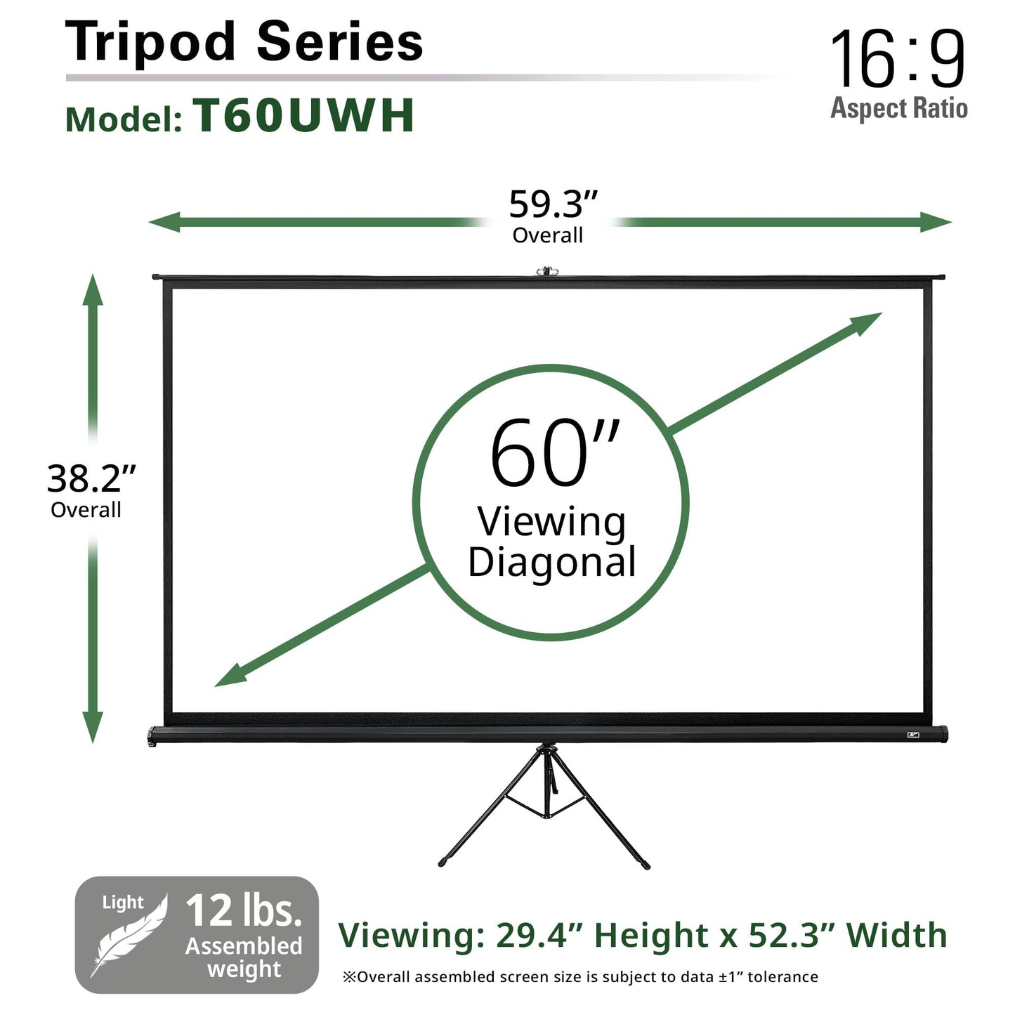 Elite Screens Tripod, 60-Inch 16:9 Portable Projector Screen with Stand- MaxWhite 2, 1.1 Gain, Adjustable Indoor Outdoor Pull Up Projection Screen