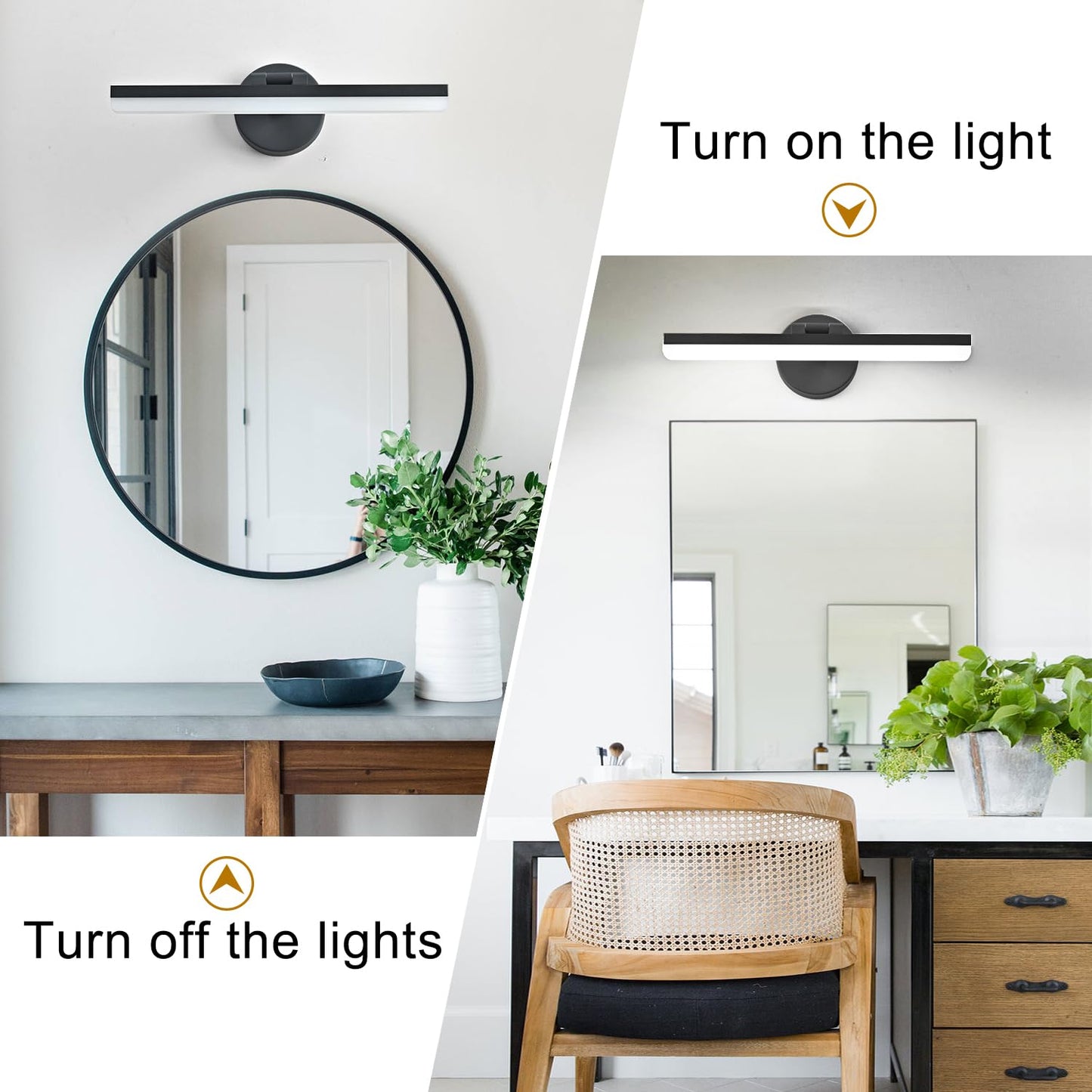 ZHUOER LED Modern Black Bathroom Vanity Lighting Fixtures Over Mirror 16inch Matte Black Wall Lighting Fixtures for Bathroom(White Light 6000K)