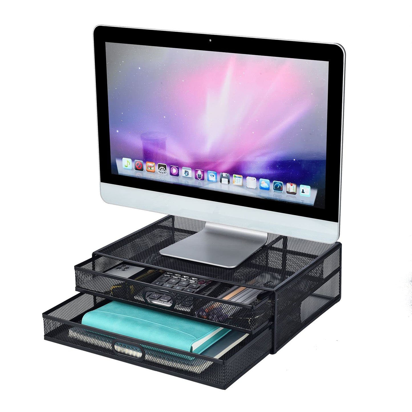 Monitor Stand Riser with Drawer - Metal Mesh Desk Organizer with Dual Pull Out Storage Drawer, Printer Holder with Pull Out Storage Drawe