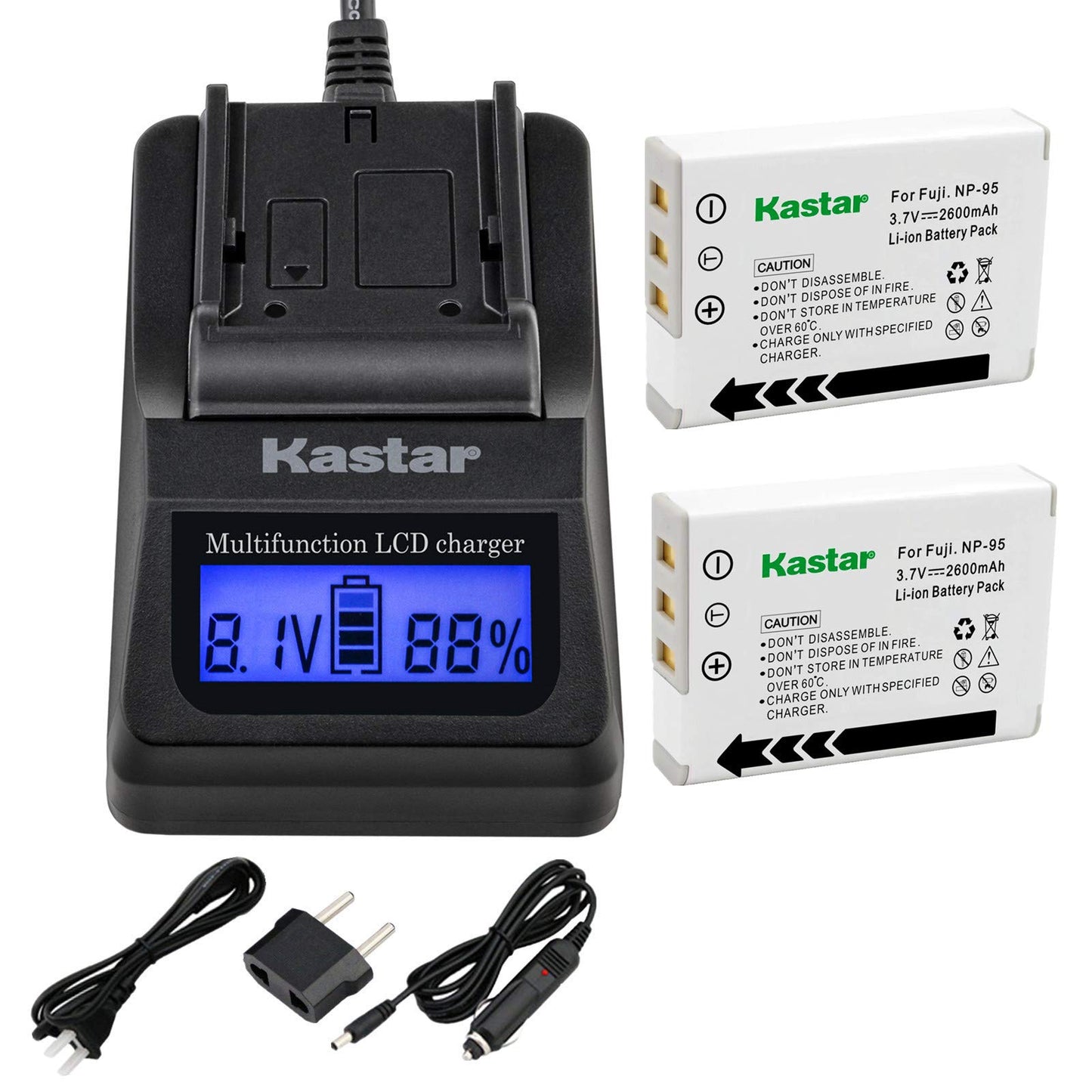 Kastar Fast Charger + Battery (2-Pack) for Fujifilm NP-95 & Finepix F30, Finepix F31FD, Finepix Real 3D W1, Finepix X30, Finepix X100, Finepix X100T