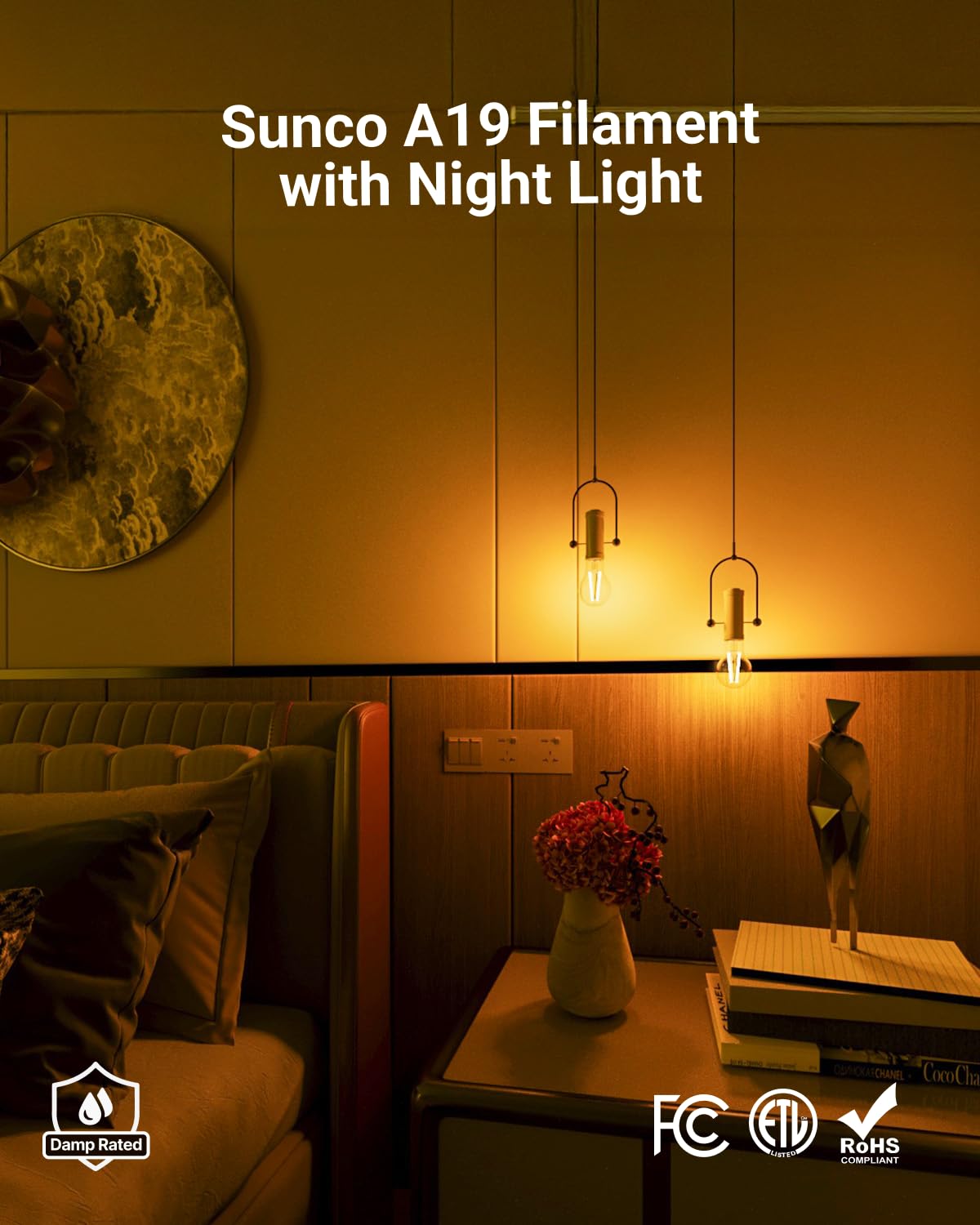 Sunco 4 Pack A19 Edison LED Bulbs, Night Light, 8W=60W, Dimmable